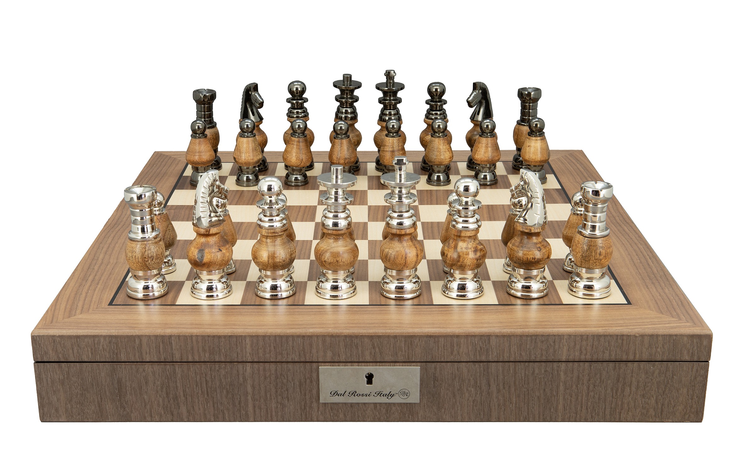 Dal Rossi Italy, Staunton Large Metal and Wood Chessmen on a Walnut Inlaid Chess Box with Compartments 20"