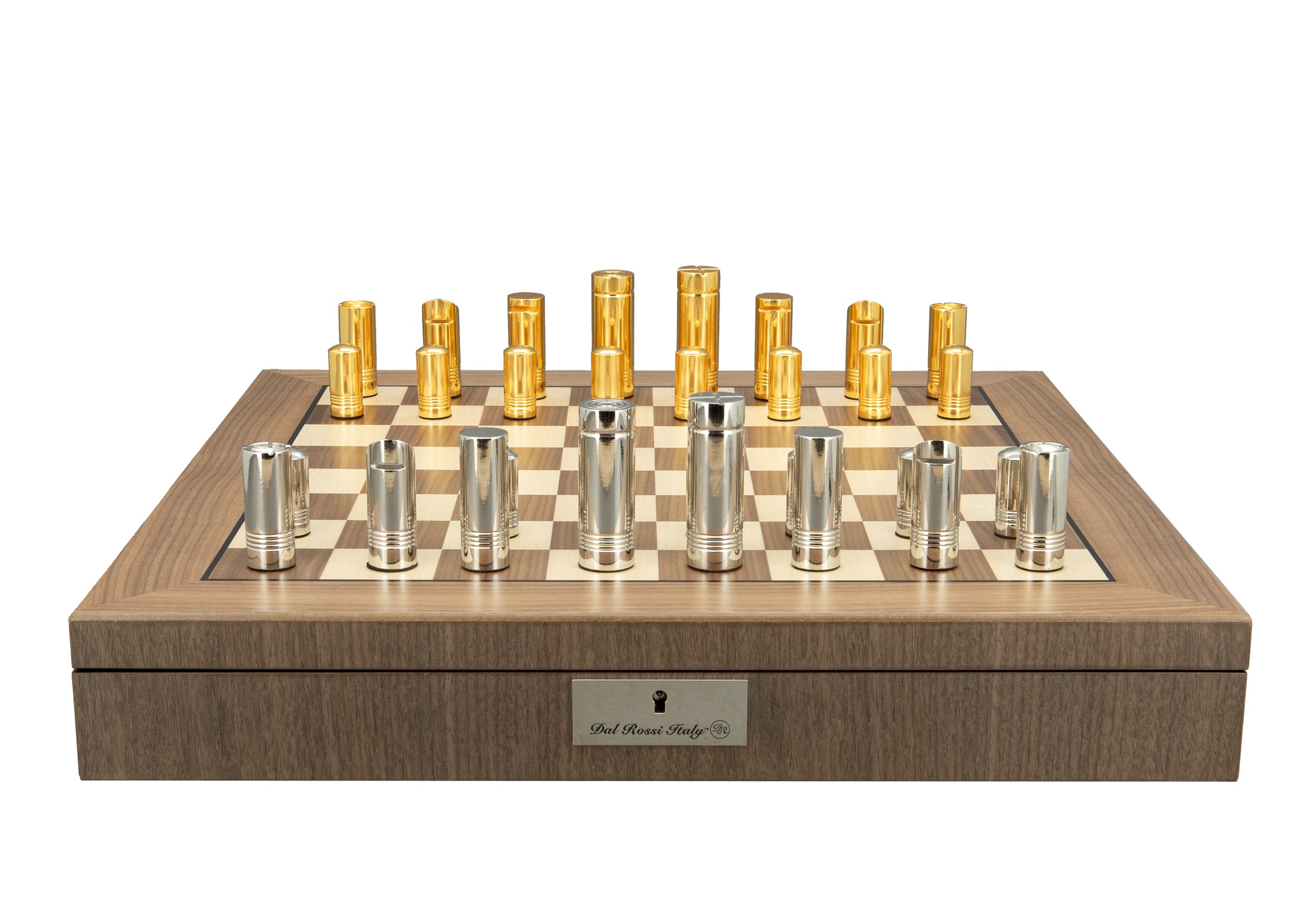 Dal Rossi Italy, Modern Gold and Silver Chessmen 75mm Chessmen on a Walnut Inlaid Chess Box with Compartments 20"