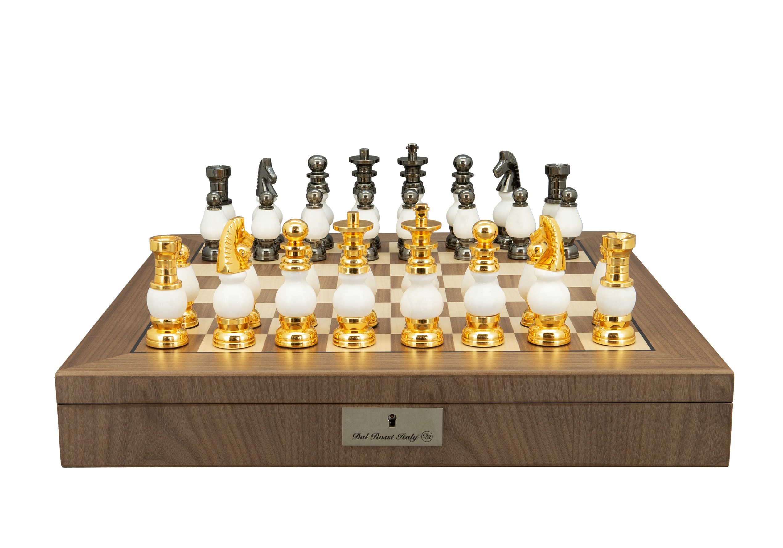 Dal Rossi Italy, White Stone and Gold Chessmen 100mm Chessmen on a Walnut Inlaid Chess Box with Compartments 20"