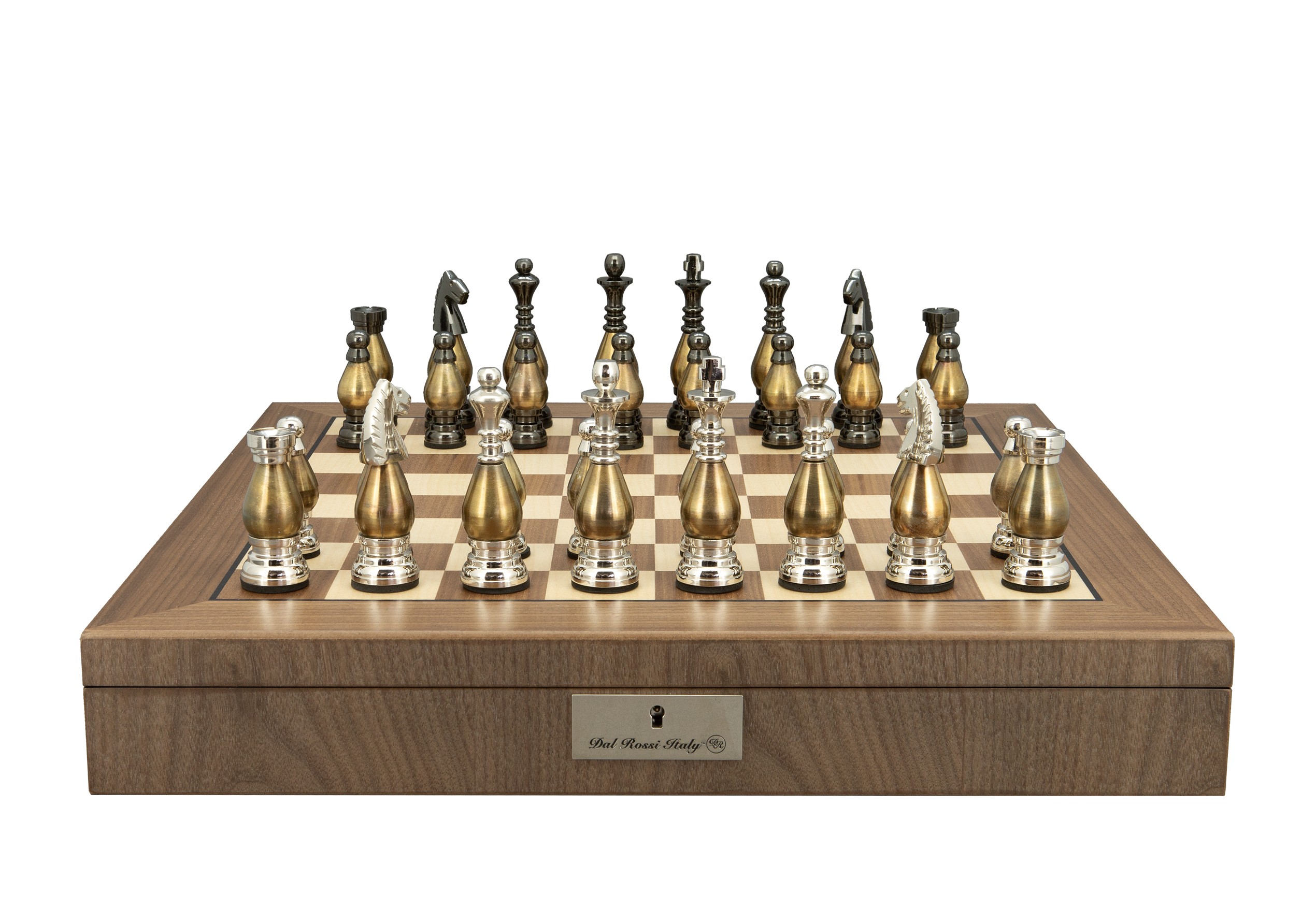 Dal Rossi Italy, Metal light gold plated Chessmen 100mm Chessmen on a Walnut Inlaid Chess Box with Compartments 20"