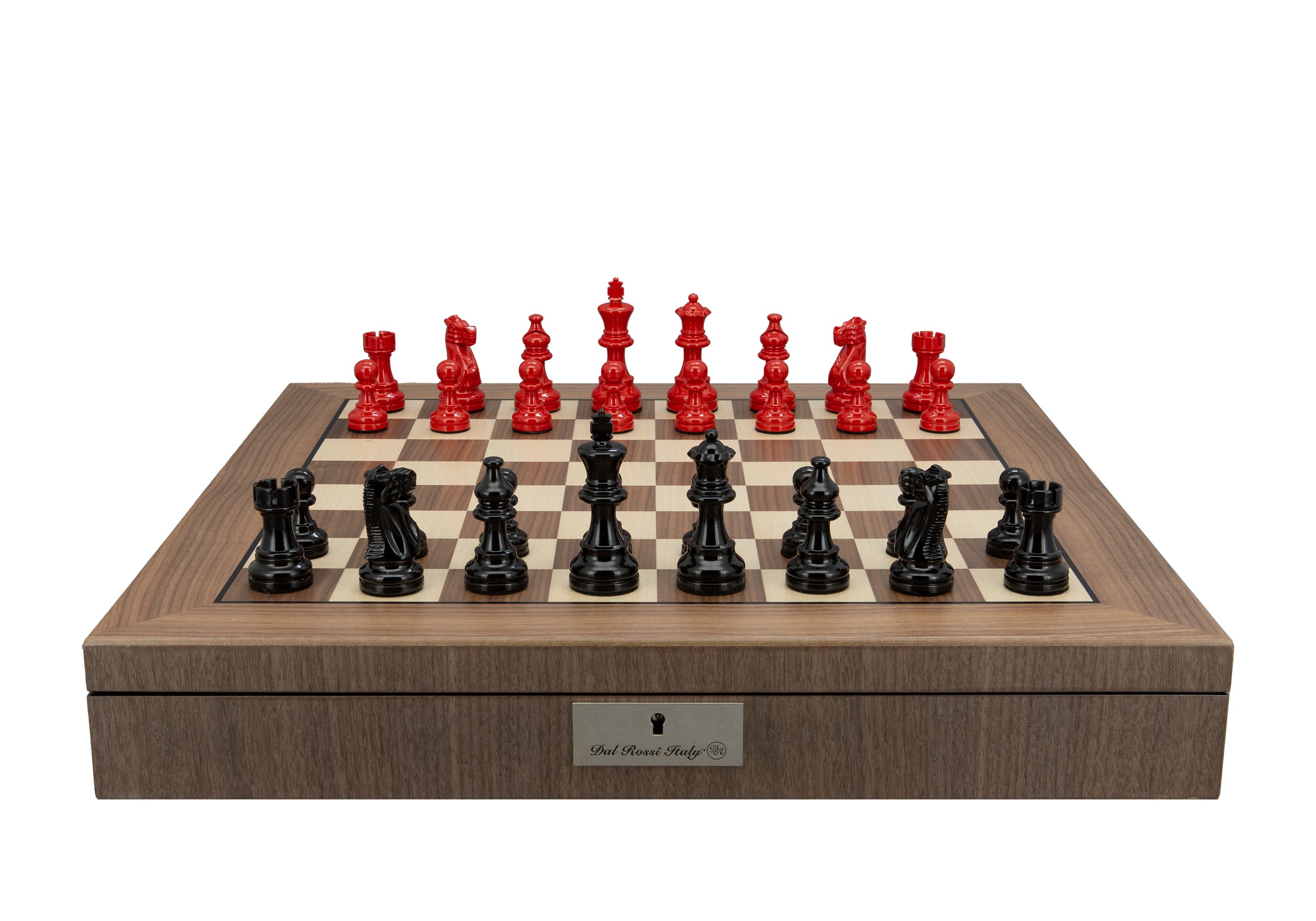 Dal Rossi Italy, Staunton Black and Red Double Weighted Chessmen on a Walnut Inlaid Chess Box with Compartments 20"