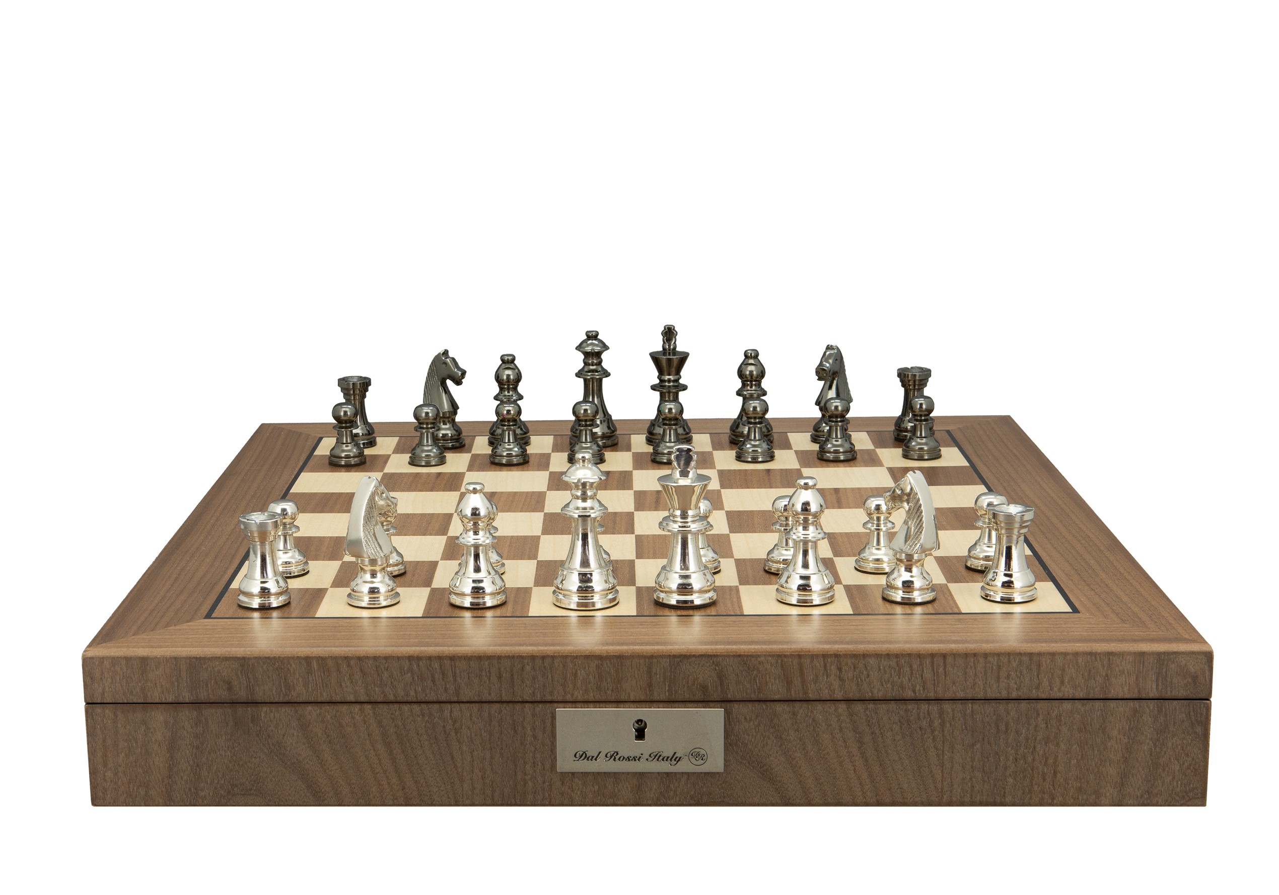 Dal Rossi Italy, Staunton Black Nickel & Silver 80mm Chessmen on a Walnut Inlaid Chess Box with Compartments 20"