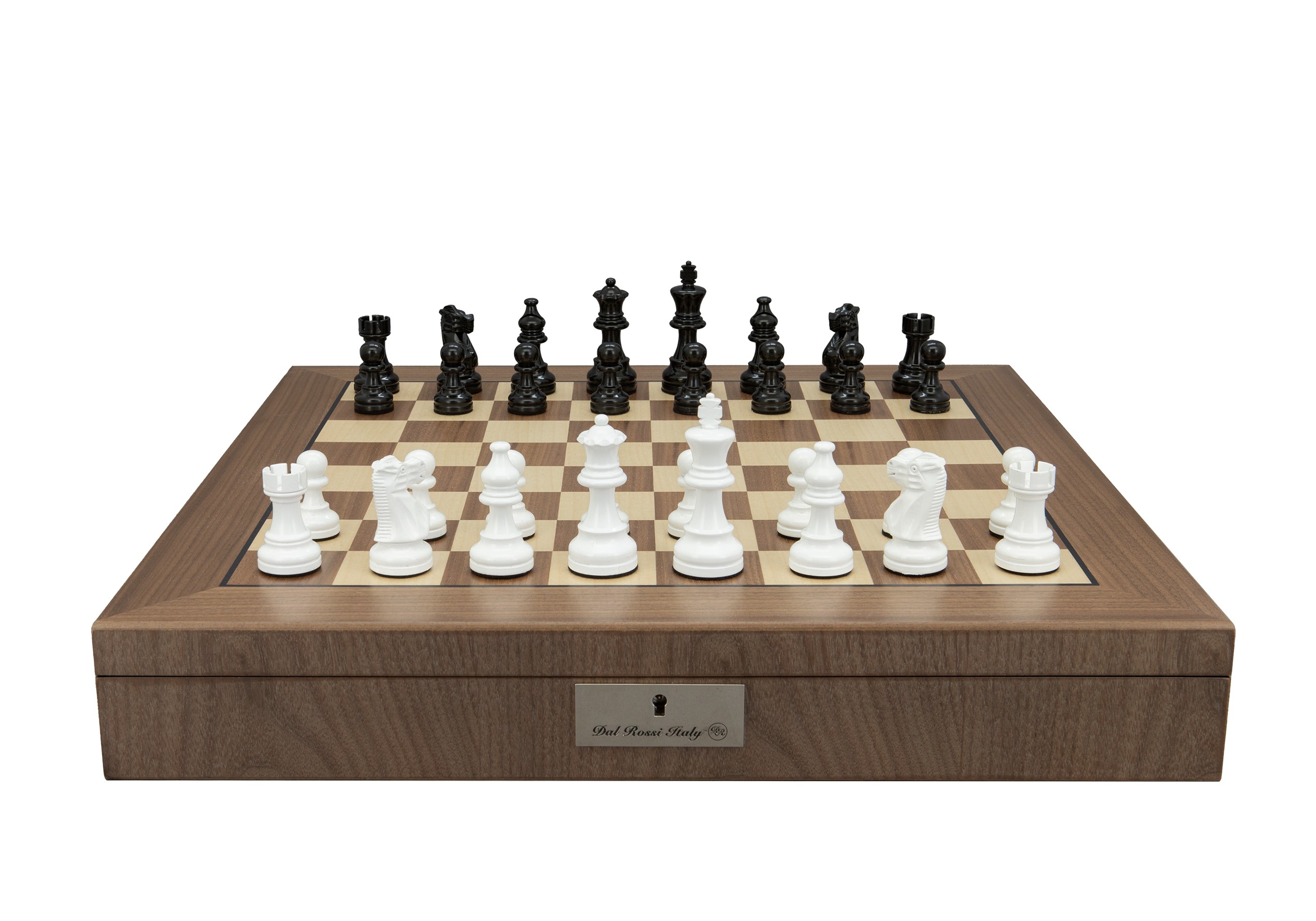 Dal Rossi Italy, Staunton Black and White Double Weighted Chessmen on a Walnut Inlaid Chess Box with Compartments 20"