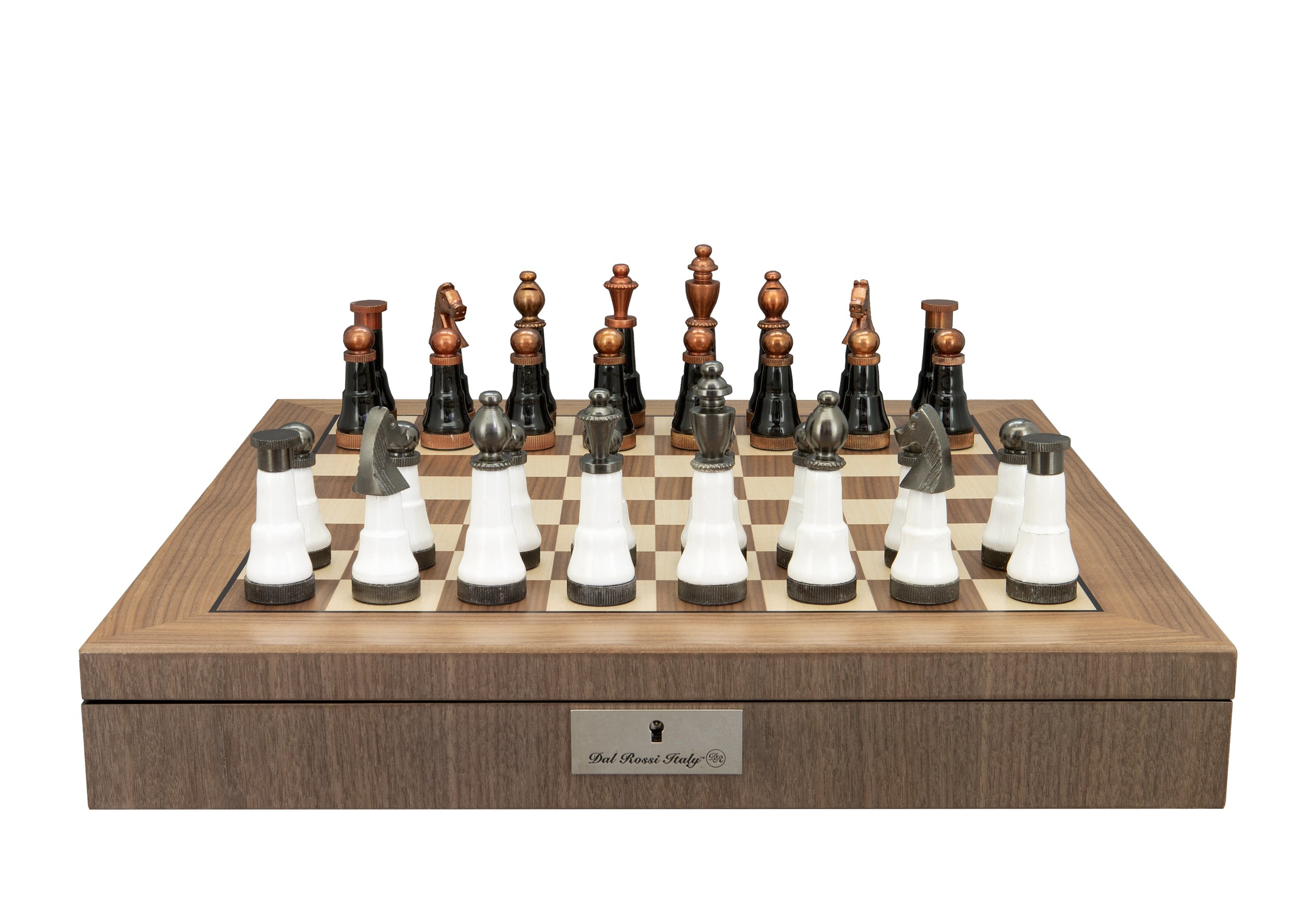 Dal Rossi Italy, Black and White with Copper and Gun Metal Gray Tops and Bottoms Chessmen 110mm on a Walnut Inlaid Chess Box with Compartments 20"