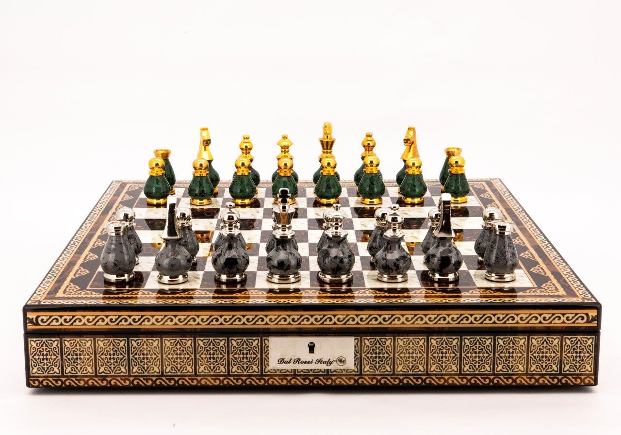 Dal Rossi Italy Chess Set Mosaic Finish 20″ With Compartments, With  Gray and Green Gold and Silver Metal Tops and Bottoms Chess Pieces 90mm
