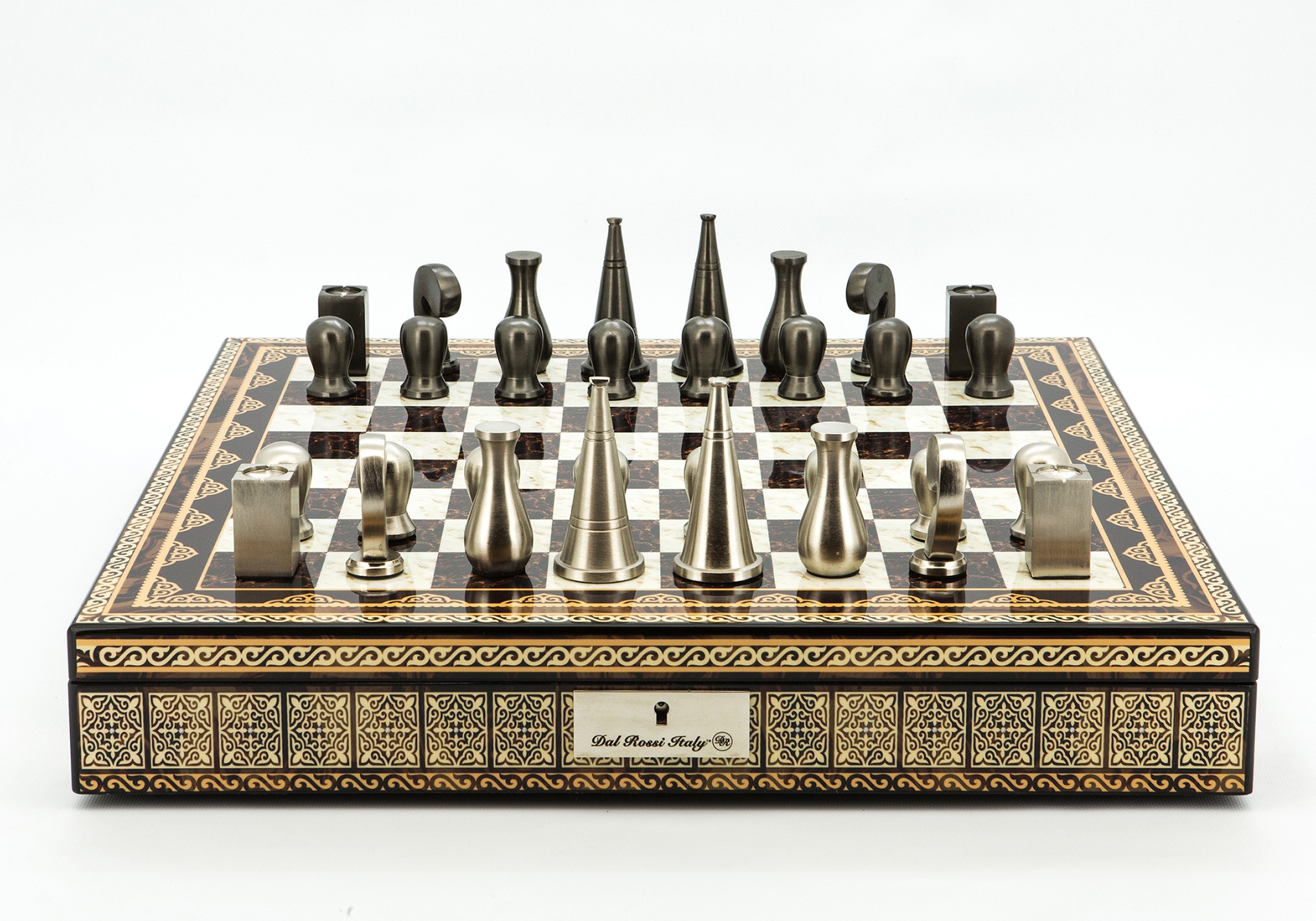 Dal Rossi Italy Chess Set Mosaic Finish 20″ With Compartments, With Metal Dark Titanium and Silver 90mm Chessmen