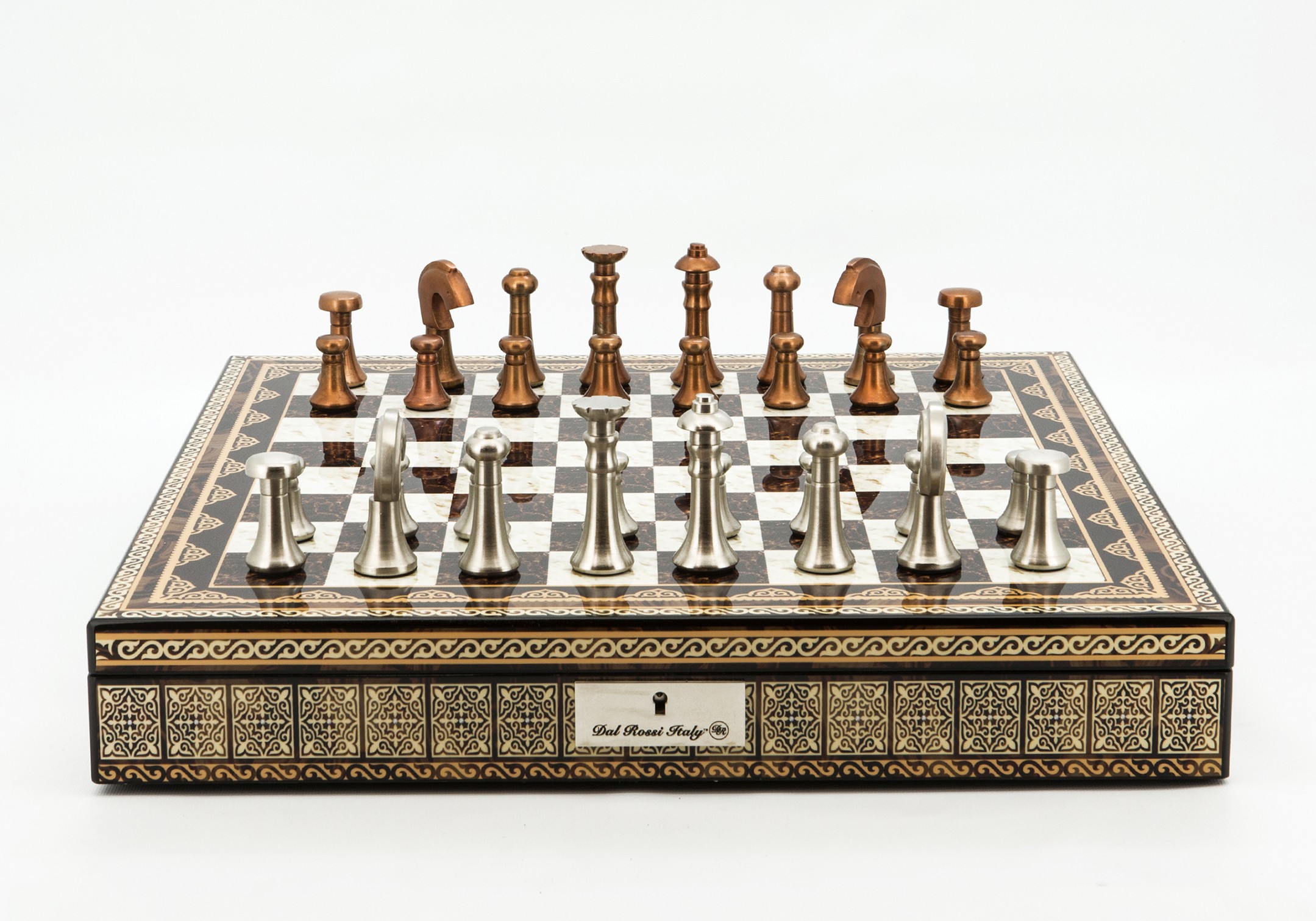 Dal Rossi Italy Chess Set Mosaic Shinny Finish 20″ With Compartments, With Metal Copper and silver Chessmen 80mm