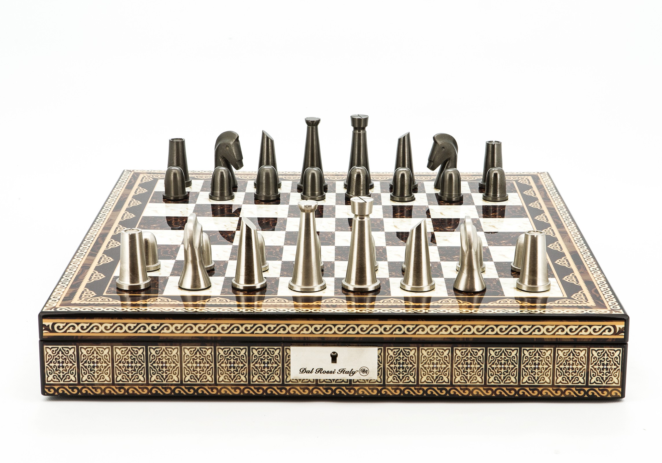 Dal Rossi Italy Chess Set Mosaic Shinny Finish 20″ With Compartments, With Metal Dark Titanium and Silver chessmen 85mm