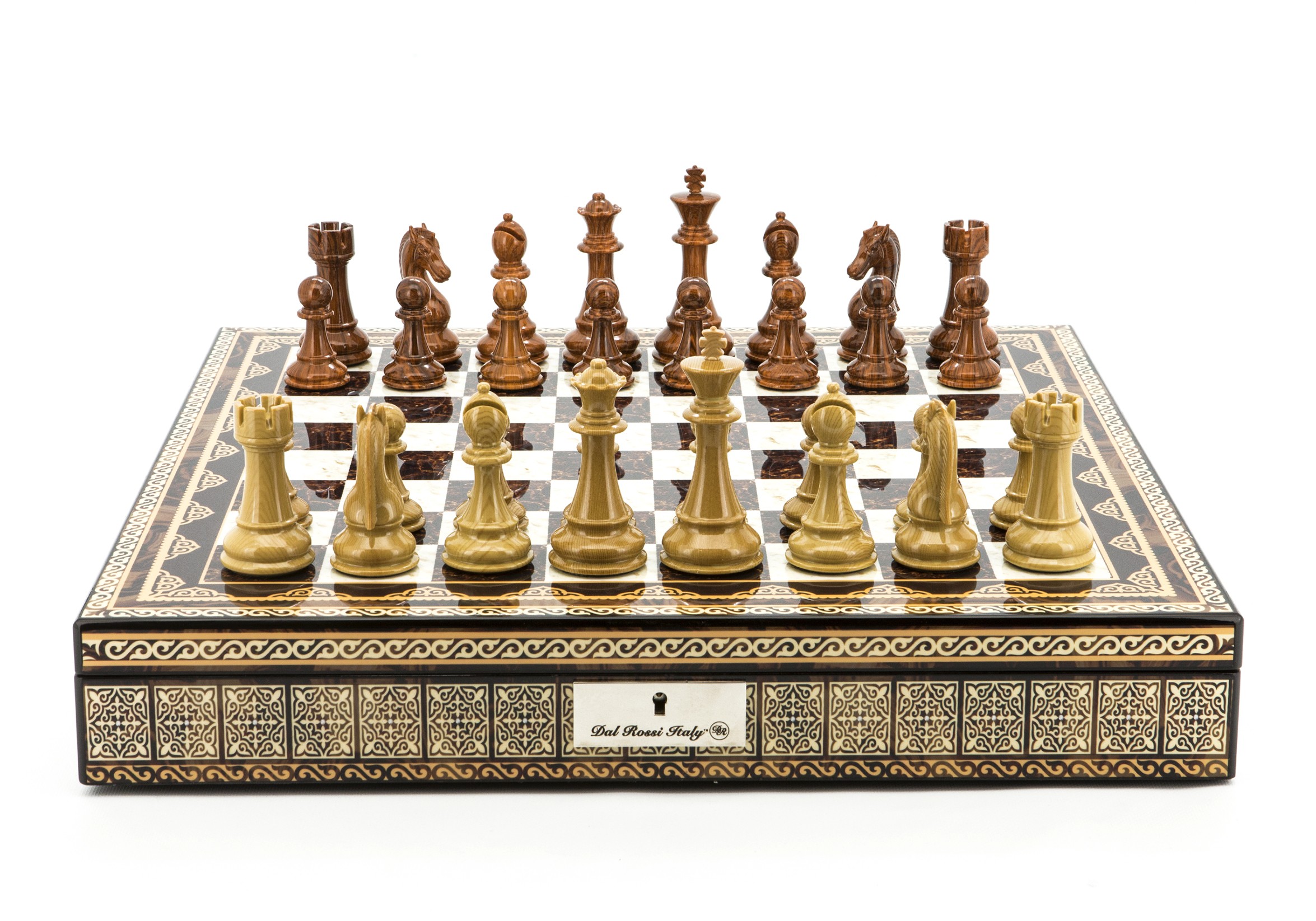 Dal Rossi Italy Chess Set Mosaic Shinny Finish 20″ With Compartments, Brown and Box Wood Grain Finish Chess Pieces 110mm