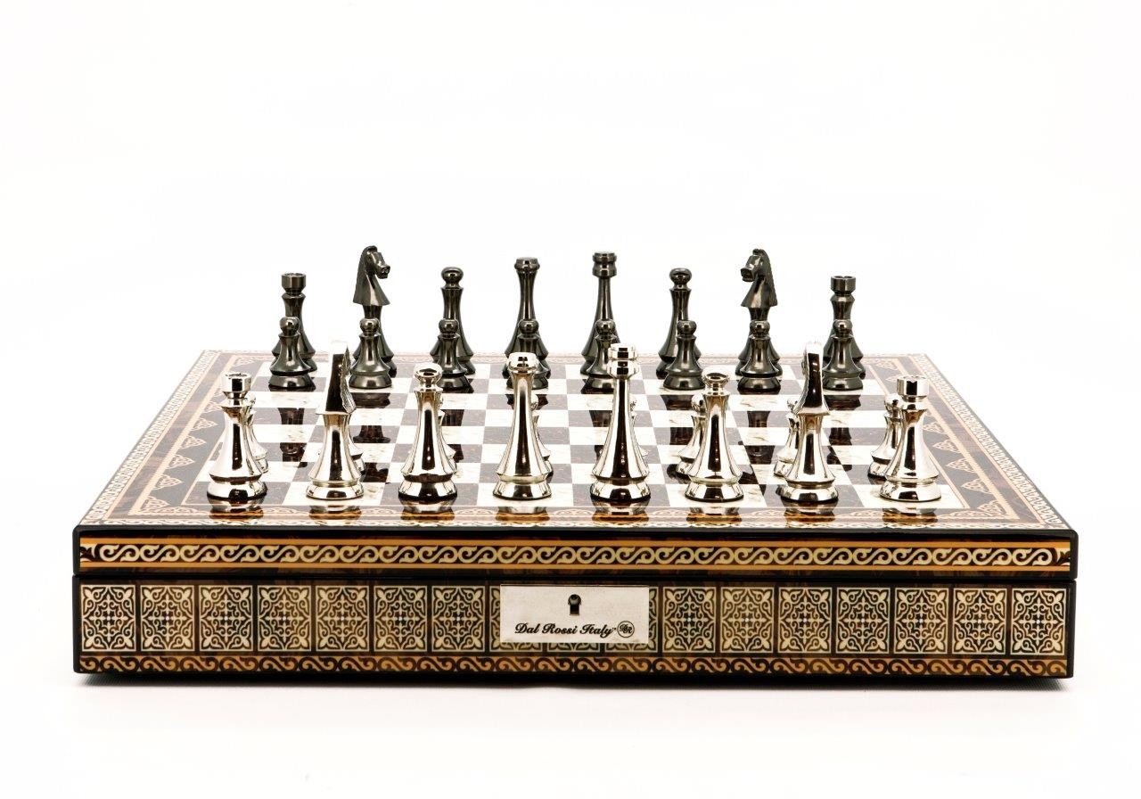 Dal Rossi Italy Chess Set Mosaic Shinny Finish 20″ With Compartments, With Metal Dark Titanium and Silver chessmen 85mm
