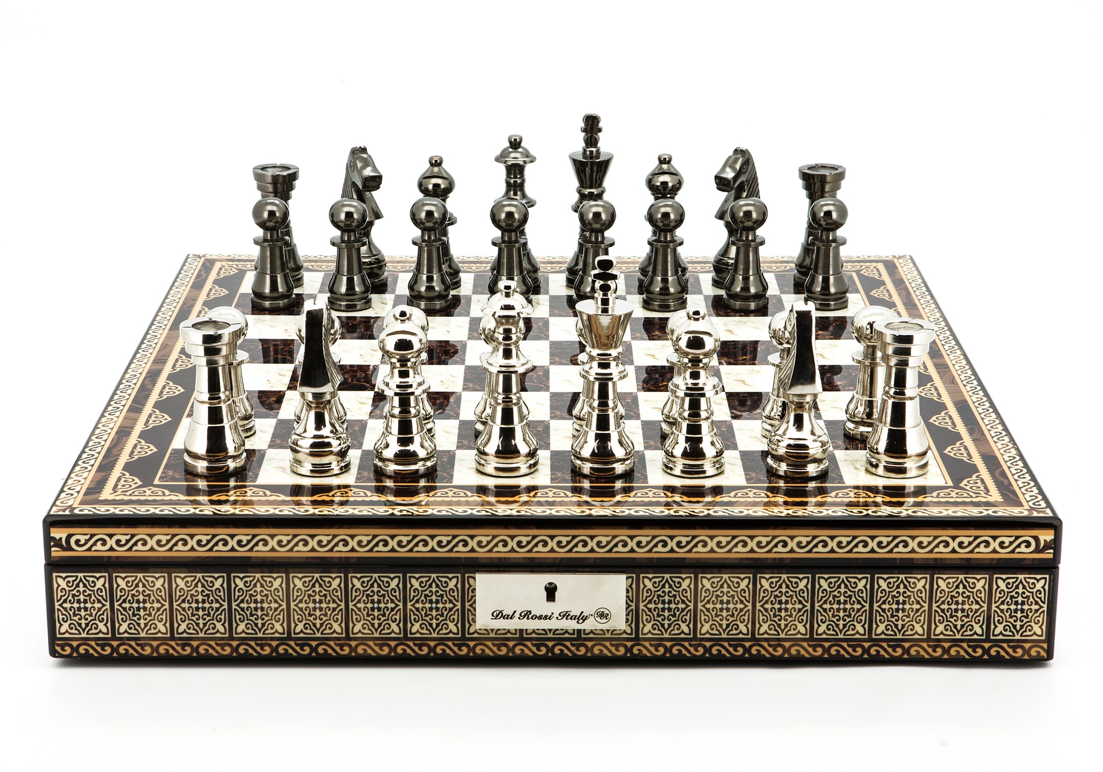 Dal Rossi Italy Chess Set Mosaic Shinny Finish 20″ With Compartments, With Metal Dark Titanium and Silver chessmen 115mm