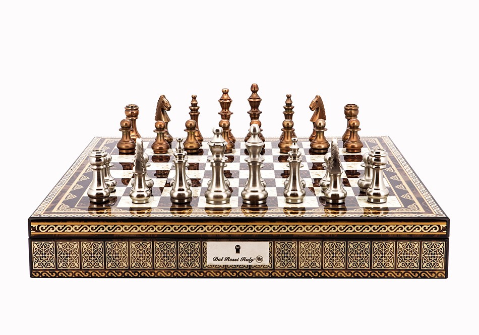 Dal Rossi Italy Chess Set Mosaic Finish 20″ With Compartments, With Copper & Silver Weighted Metal Chess Pieces 100mm