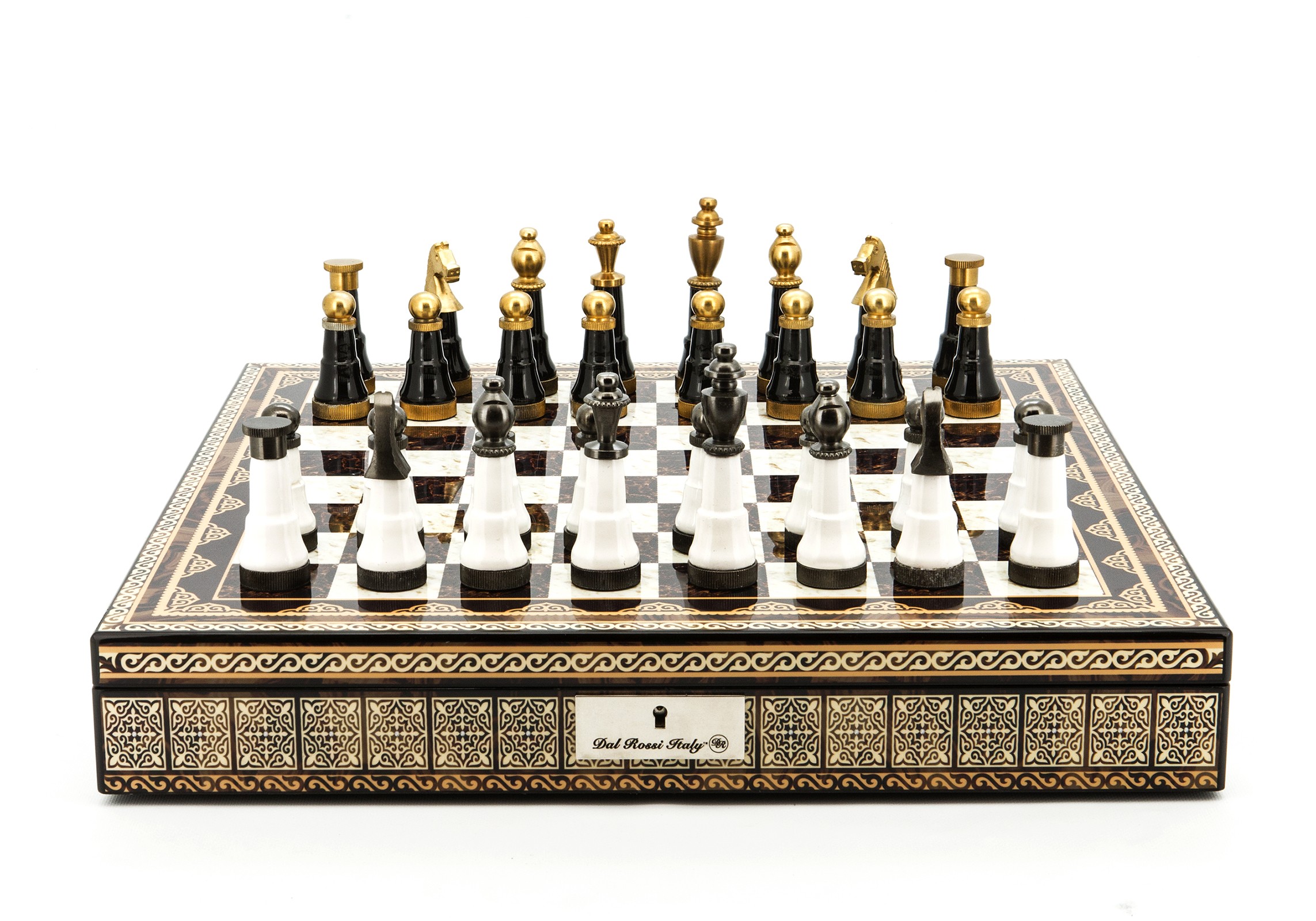 Dal Rossi Italy Chess Set Mosaic Shinny Finish 20″ With Compartments, With Black and White with Gold and Gun Metal Tops and Bottoms Chessmen 110mm