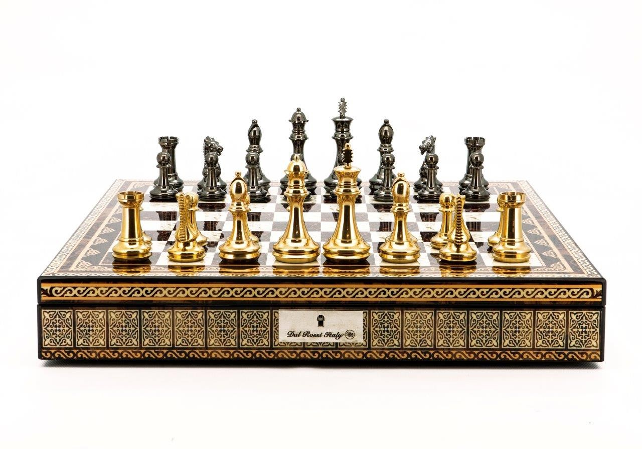 Dal Rossi Italy Chess Set Mosaic Shinny Finish 20″ With Compartments, With Very Heavy Brass Staunton Gold and Silver chessmen 110mm