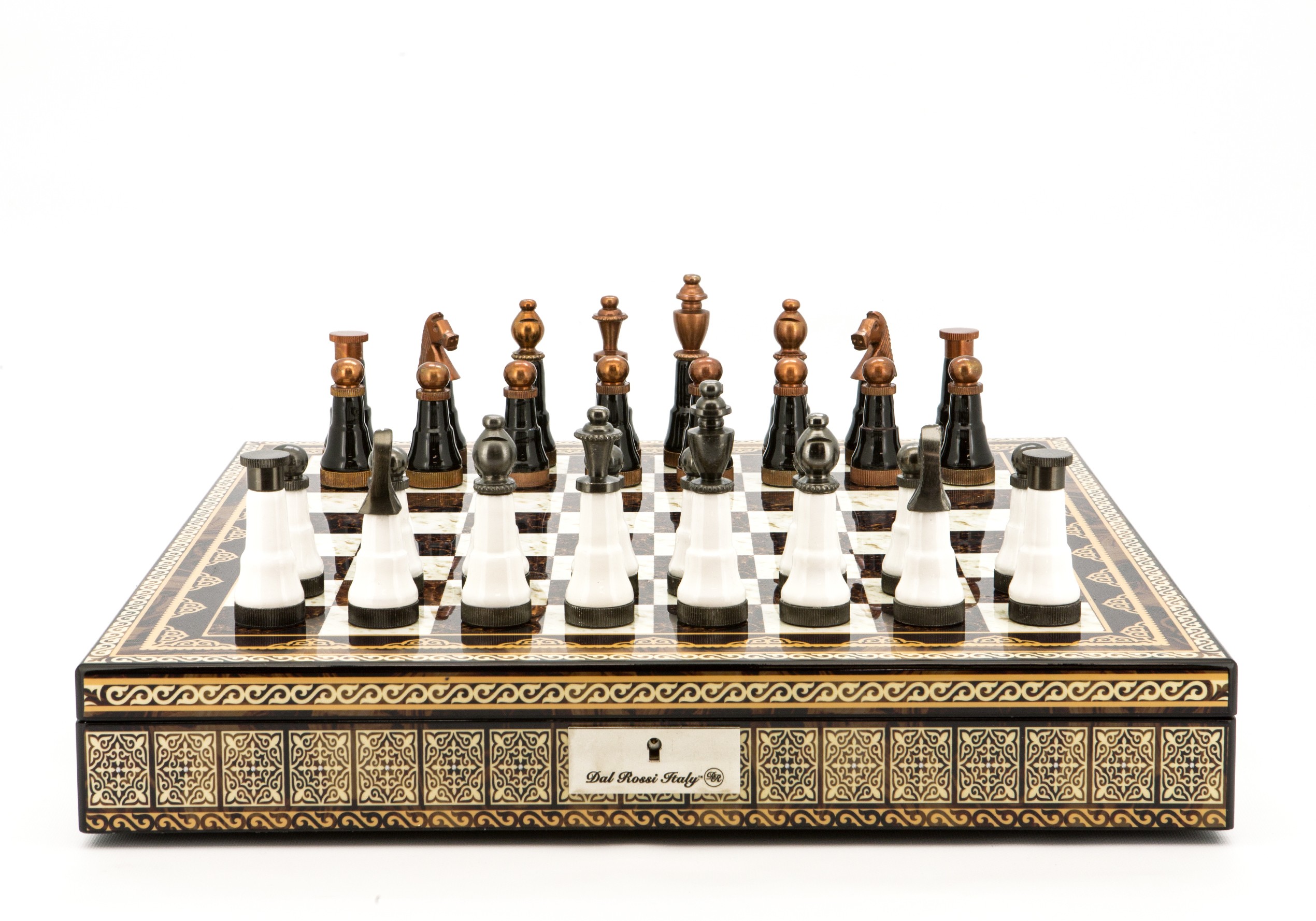 Dal Rossi Italy Chess Set Mosaic Finish 20″ With Compartments, With Black and White with Copper and Gun Metal Gray Tops and Bottoms Chess Pieces 110mm 