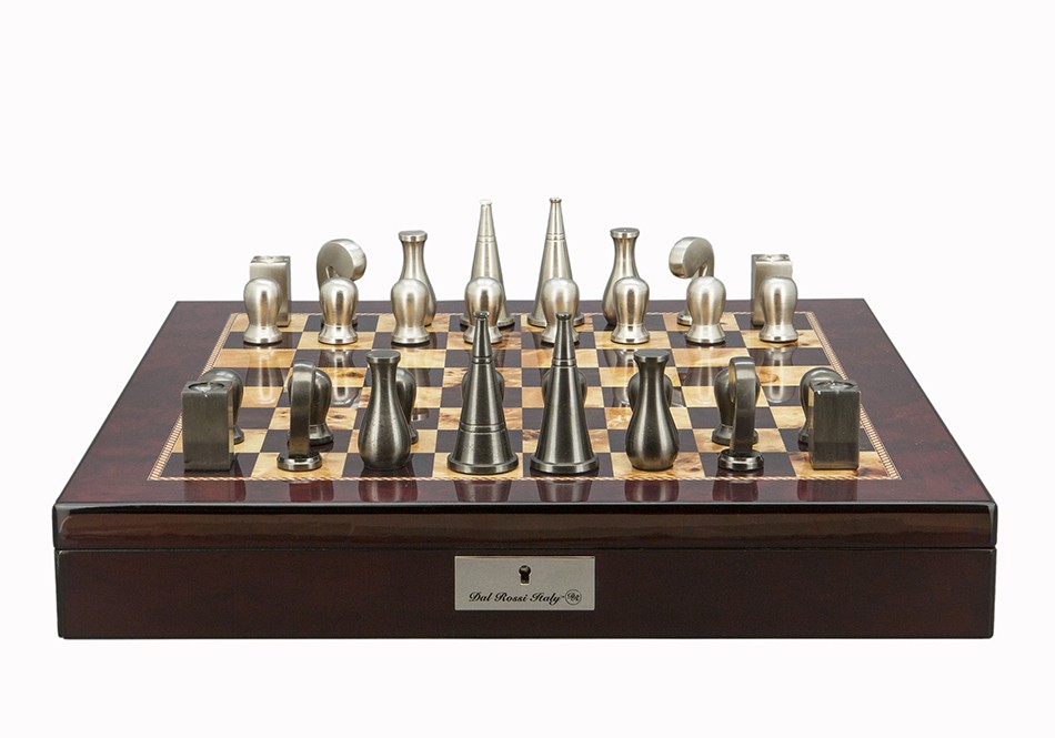 Dal Rossi Italy Chess Set Mahogany Finish 20″ With Compartments, With Metal Dark Titanium and Silver 90mm Chessmen