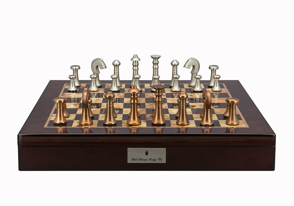 Dal Rossi Italy Chess Set Mahogany Shinny Finish 20″ With Compartments, With Metal Copper and silver Chessmen 80mm