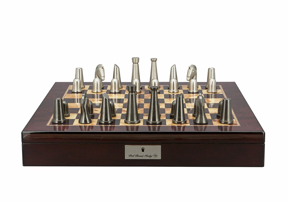 Dal Rossi Italy Chess Set Mahogany Shinny Finish 20″ With Compartments, With Metal Dark Titanium and Silver chessmen 85mm