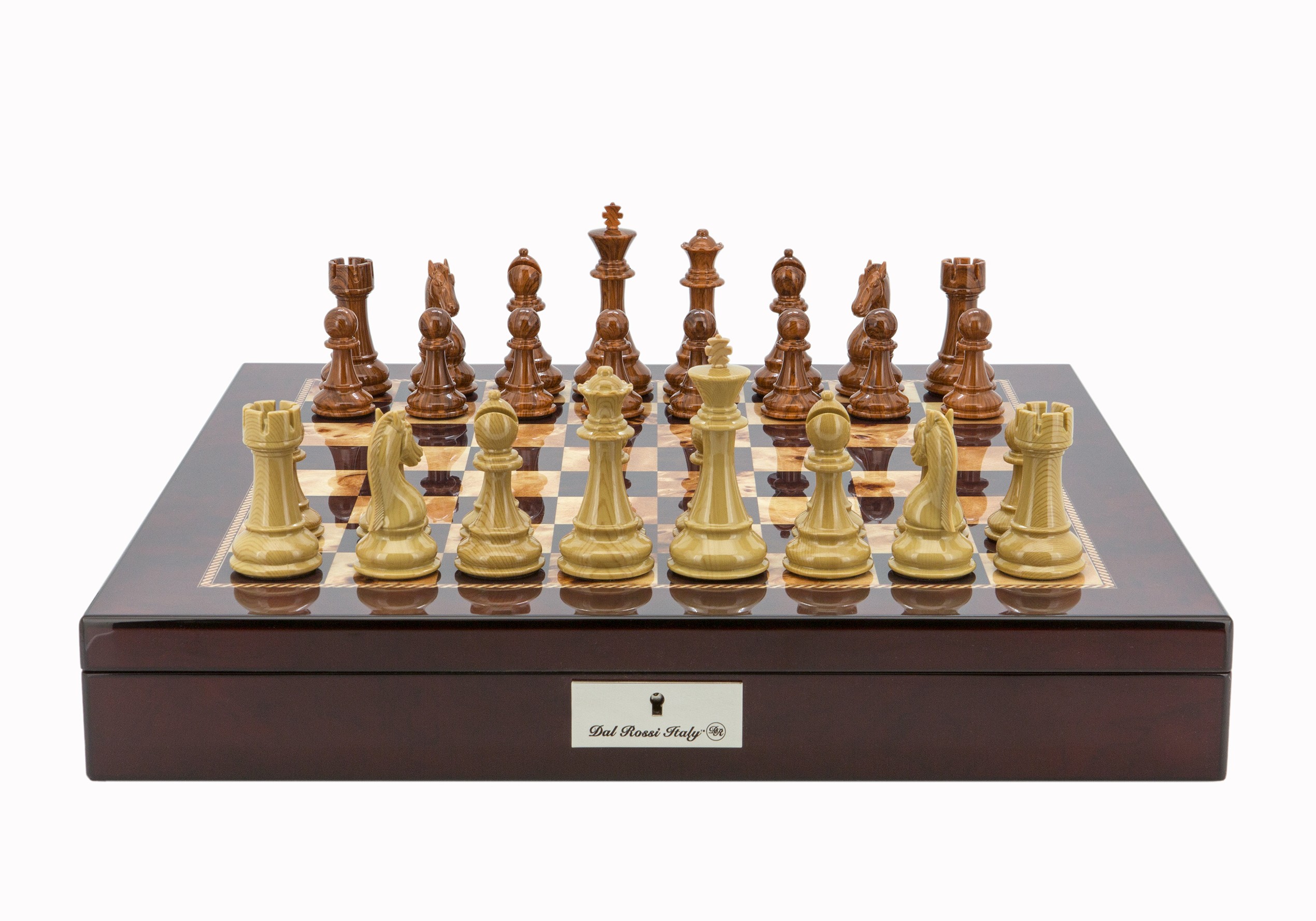 Dal Rossi Italy Chess Set Mahogany Shinny Finish 20″ With Compartments, Brown and Box Wood Grain Finish 110mm Chess Pieces