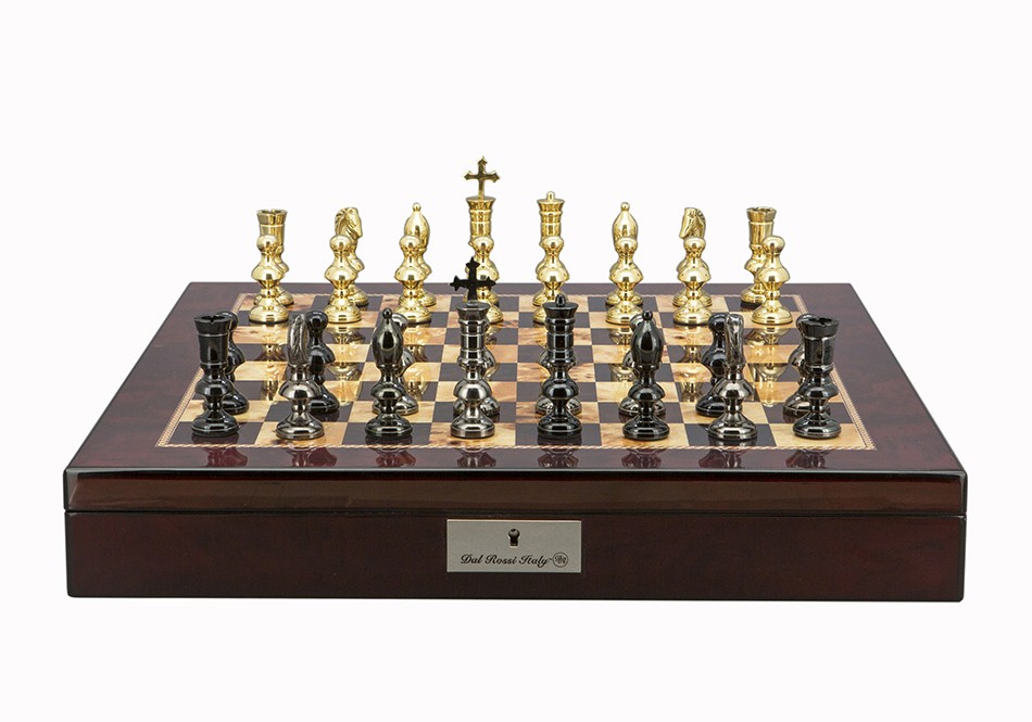 Dal Rossi Italy Chess Set Mahogany Shinny Finish 20″ With Compartments, With Metal Dark Titanium and Gold Chessmen 110mm