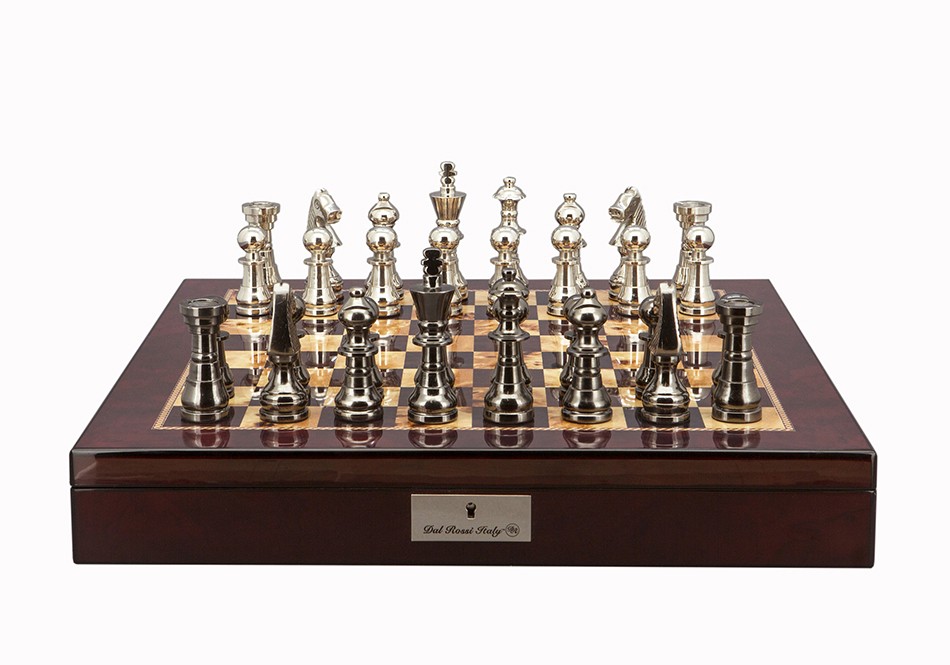 Dal Rossi Italy Chess Set Mahogany Shinny Finish 20″ With Compartments, With Metal Dark Titanium and Silver chessmen 115mm