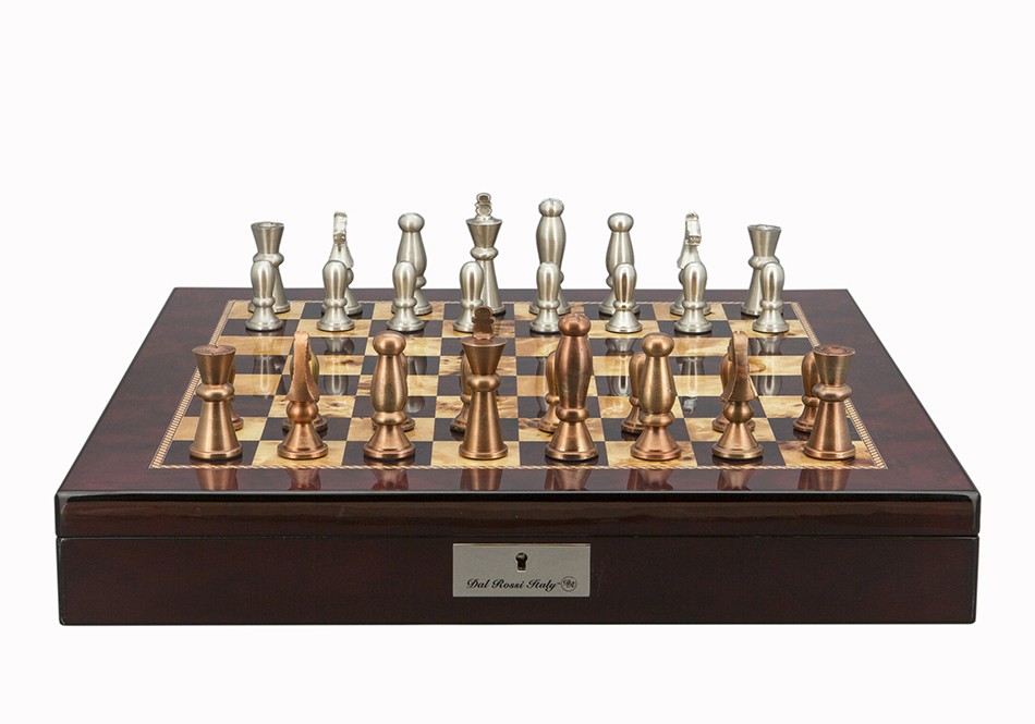 Dal Rossi Italy Chess Set Mahogany Finish 20″ With Compartments, With Copper & Silver Weighted Metal Chess Pieces 100mm pieces