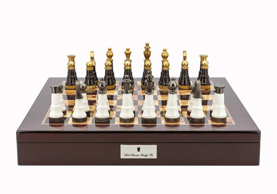 Dal Rossi Italy Chess Set Mahogany Shinny Finish 20″ With Compartments, With Black and White with Gold and Gun Metal Tops and Bottoms Chessmen 110mm 