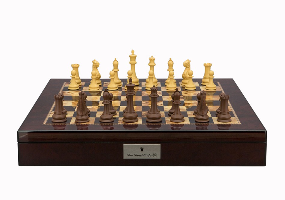 Dal Rossi Italy Chess Set Mahogany Shinny Finish20″ With Compartments, With Queens Gambit Chessmen 90mm