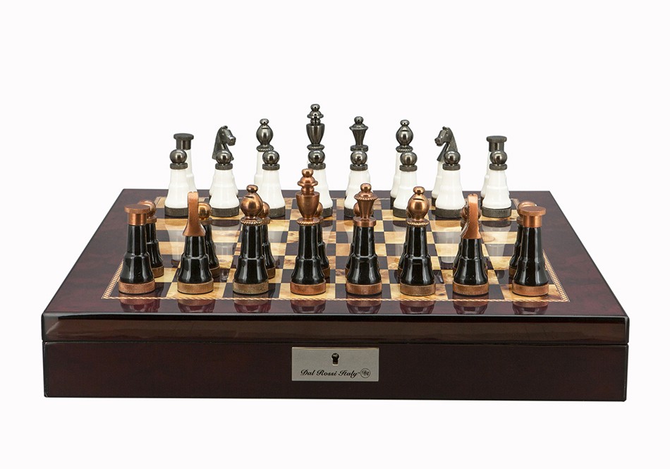 Dal Rossi Italy Chess Set Mahogany Finish 20″ With Compartments, With Black and White with Copper and Gun Metal Gray Tops and Bottoms Chess Pieces 110mm 
