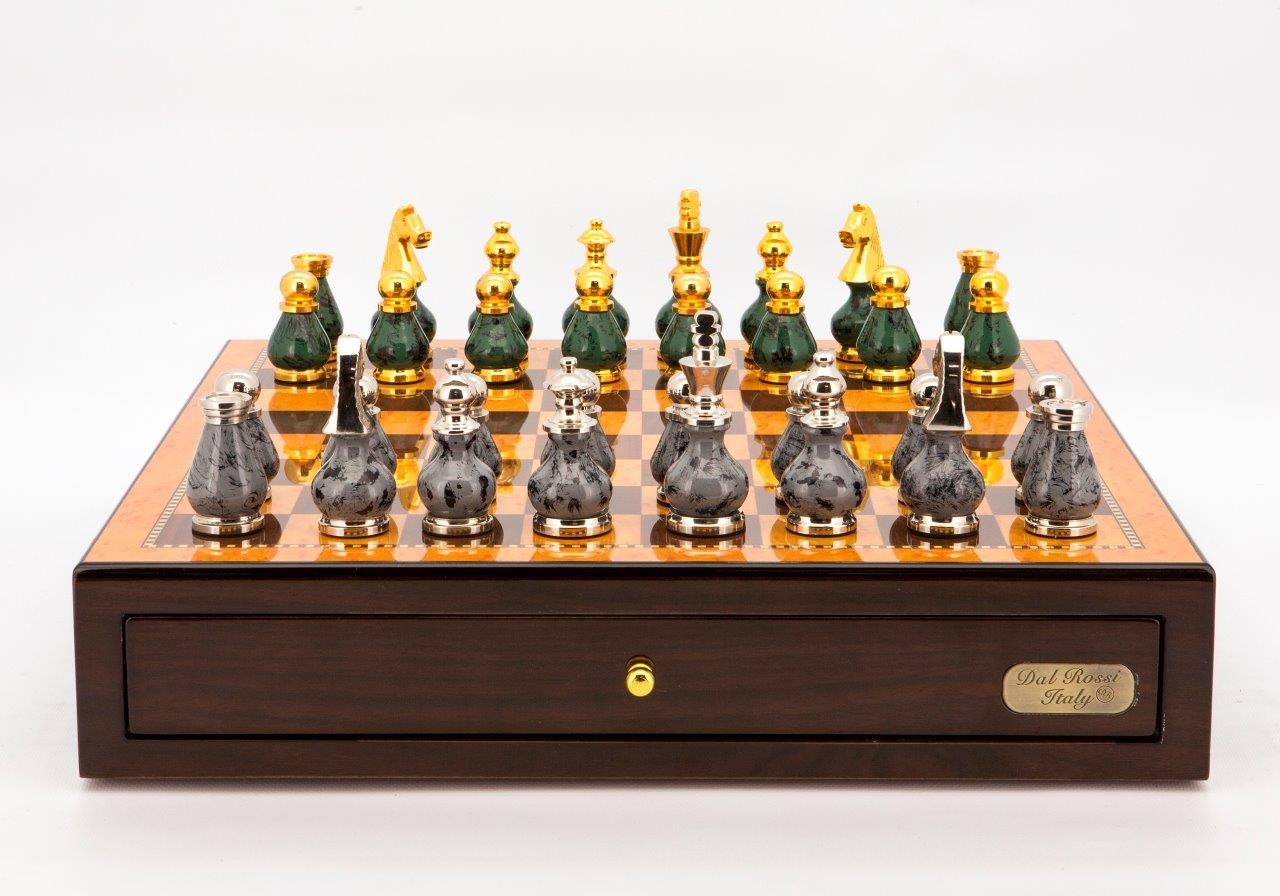 Dal Rossi Italy Chess Set Walnut Finish 18" With Gray and Green Gold and Silver Metal Tops and Bottoms Chess Pieces 90mm