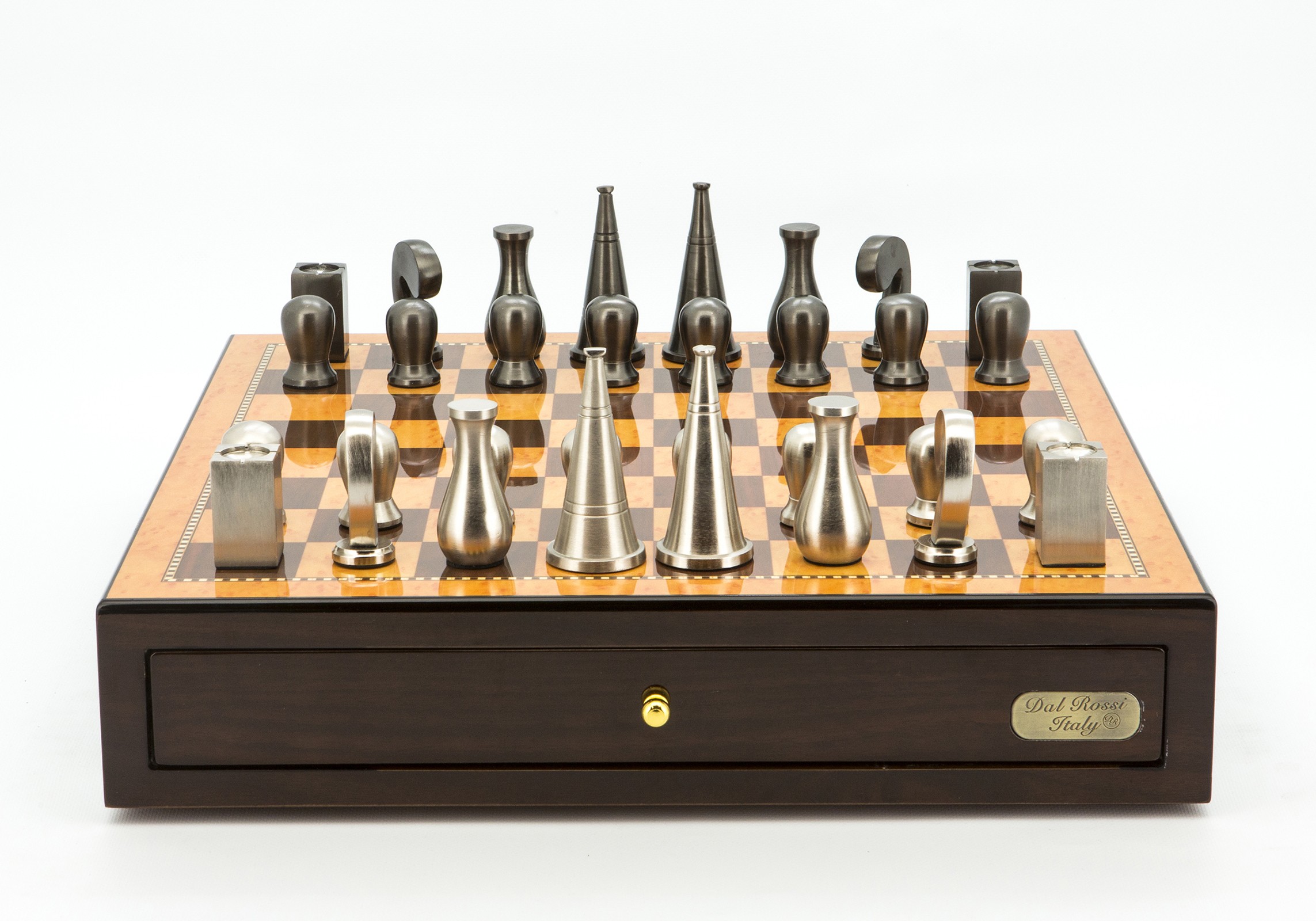 Dal Rossi Italy Chess Set Walnut Finish 18", With Metal Dark Titanium and Silver 90mm Chessmen