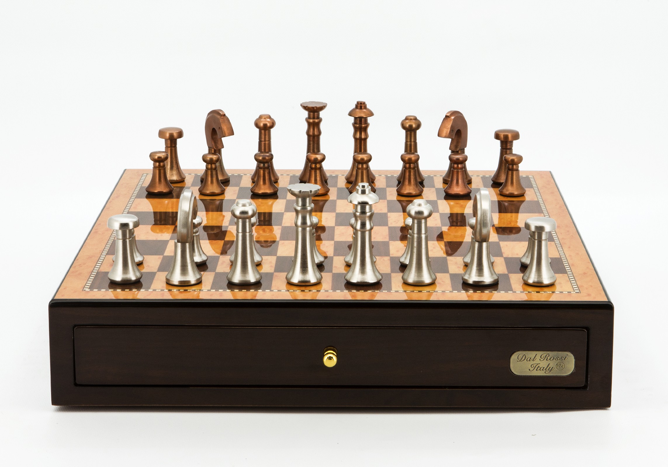 Dal Rossi Italy Chess Set Walnut Finish 18" With two Drawers, With Metal Copper and silver Chessmen 80mm