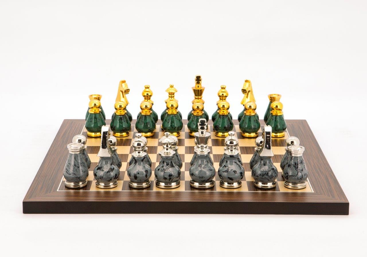 Dal Rossi Italy Chess Set Palisander / Maple Flat Board 40cm, With Gray and Green Gold and Silver Metal Tops and Bottoms Chess Pieces 90mm
