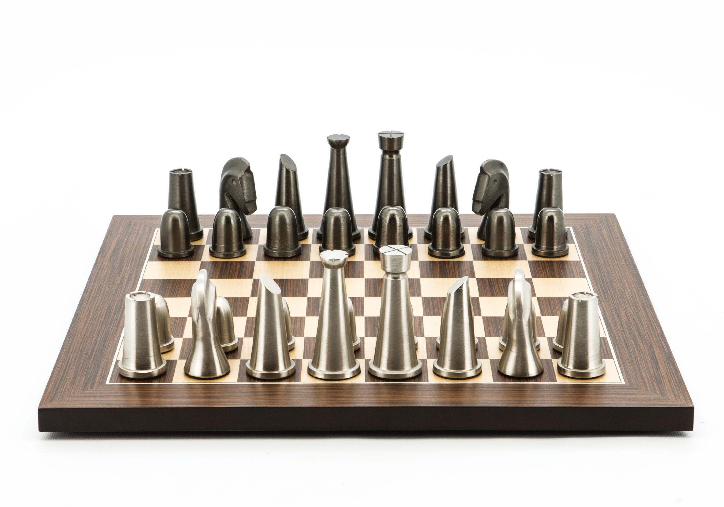 Dal Rossi Italy Chess Set Palisander / Maple Flat Board 40cm, With Metal Dark Titanium and Silver chessmen 85mm