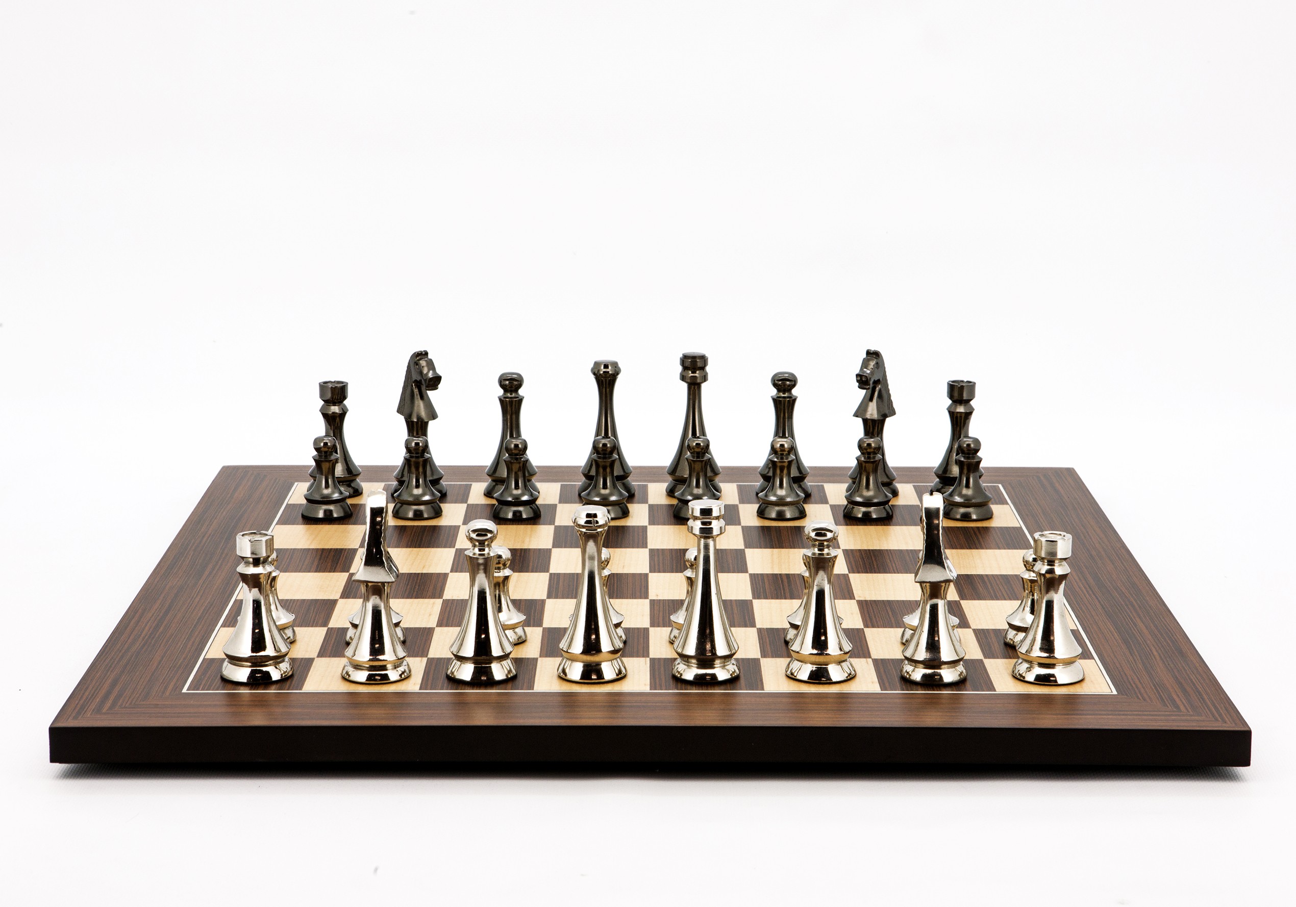 Dal Rossi Italy Chess Set Palisander / Maple Flat Board 50cm, With Metal Dark Titanium and Silver chessmen 85mm