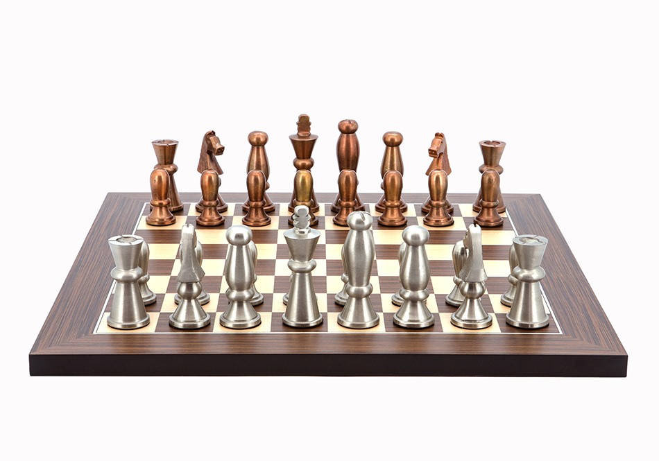 Dal Rossi Italy Chess Set Flat Palisander/Maple Board 40cm, With Copper & Silver Weighted Metal 85mm Chess Pieces