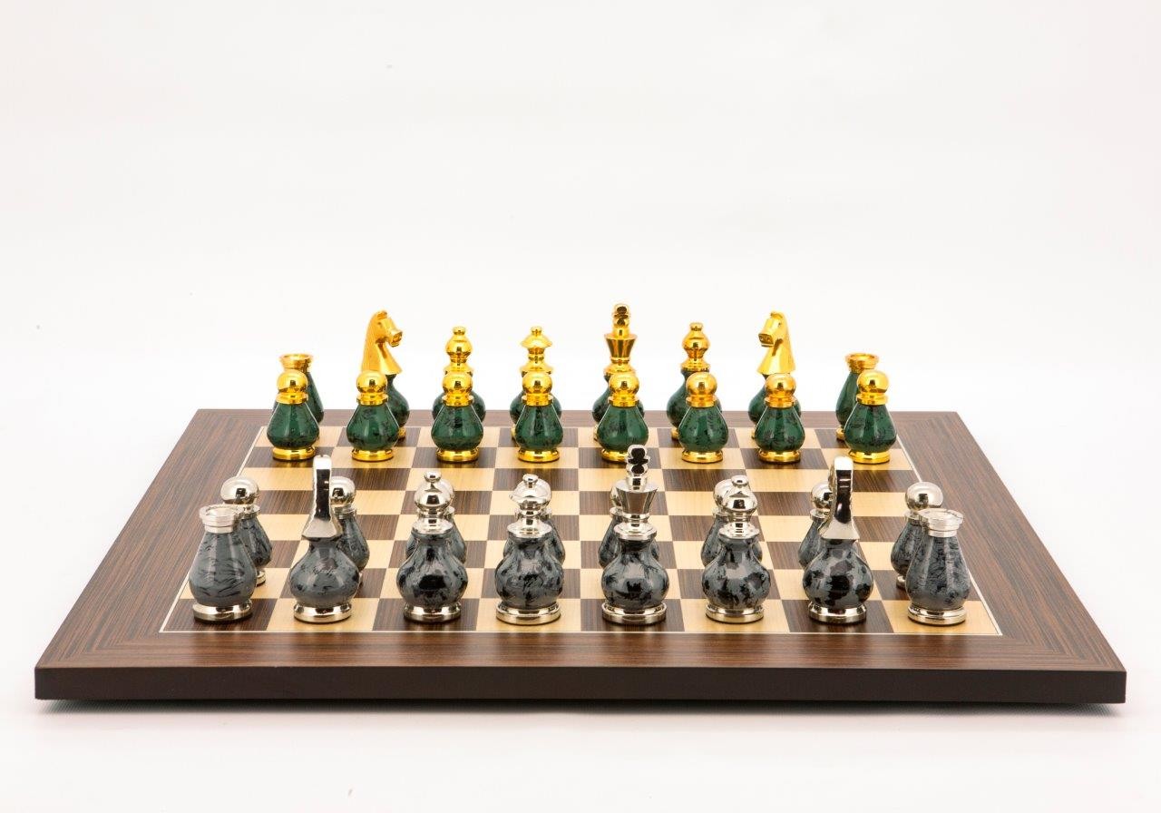 Dal Rossi Italy Chess Set Palisander / Maple Flat Board 50cm, With Gray and Green Gold and Silver Metal Tops and Bottoms Chess Pieces 90mm