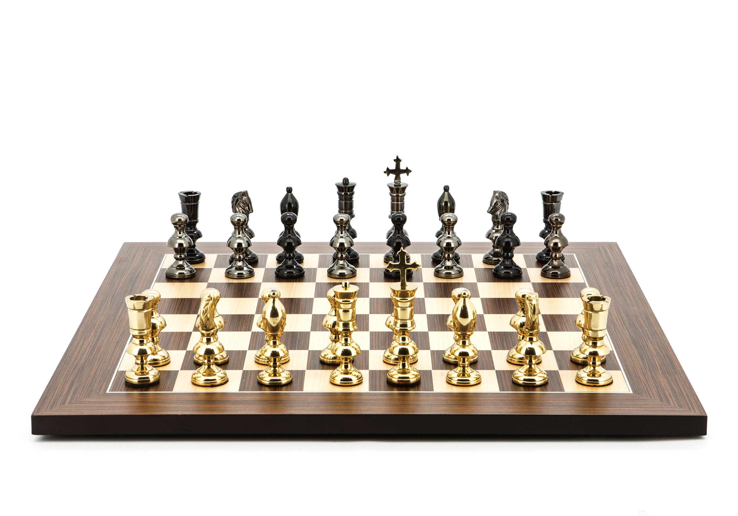 Dal Rossi Italy Chess Set Palisander / Maple Flat Board 50cm, With Metal Dark Titanium and Gold Chessmen 110mm