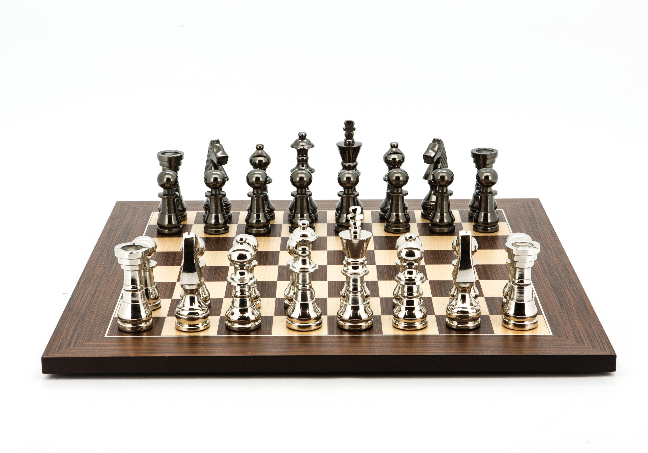 Dal Rossi Italy Chess Set Palisander / Maple Flat Board 50cm, With Metal Dark Titanium and Silver chessmen 115mm