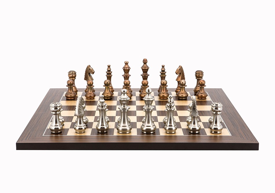 Dal Rossi Italy Chess Set Flat Palisander/Maple Board 50cm, With Copper & Silver Weighted Metal 100mm Chess Pieces