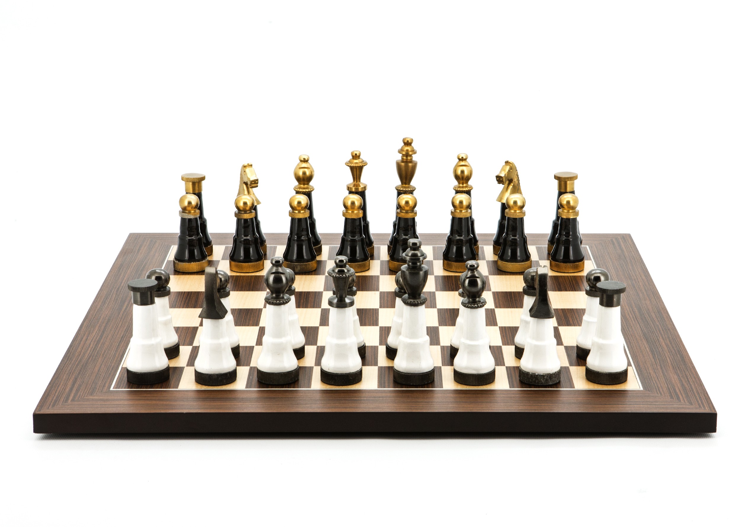 Dal Rossi Italy Chess Set Palisander / Maple Flat Board 50cm, With Black and White with Gold and Gun Metal Tops and Bottoms Chessmen 110mm