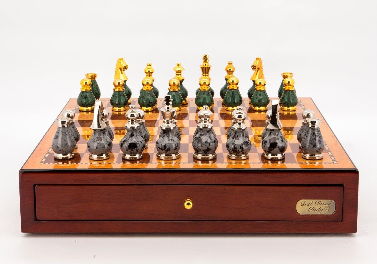 Dal Rossi Italy Chess Set Mahogany Finish 18" With Gray and Green Gold and Silver Metal Tops and Bottoms Chess Pieces 90mm