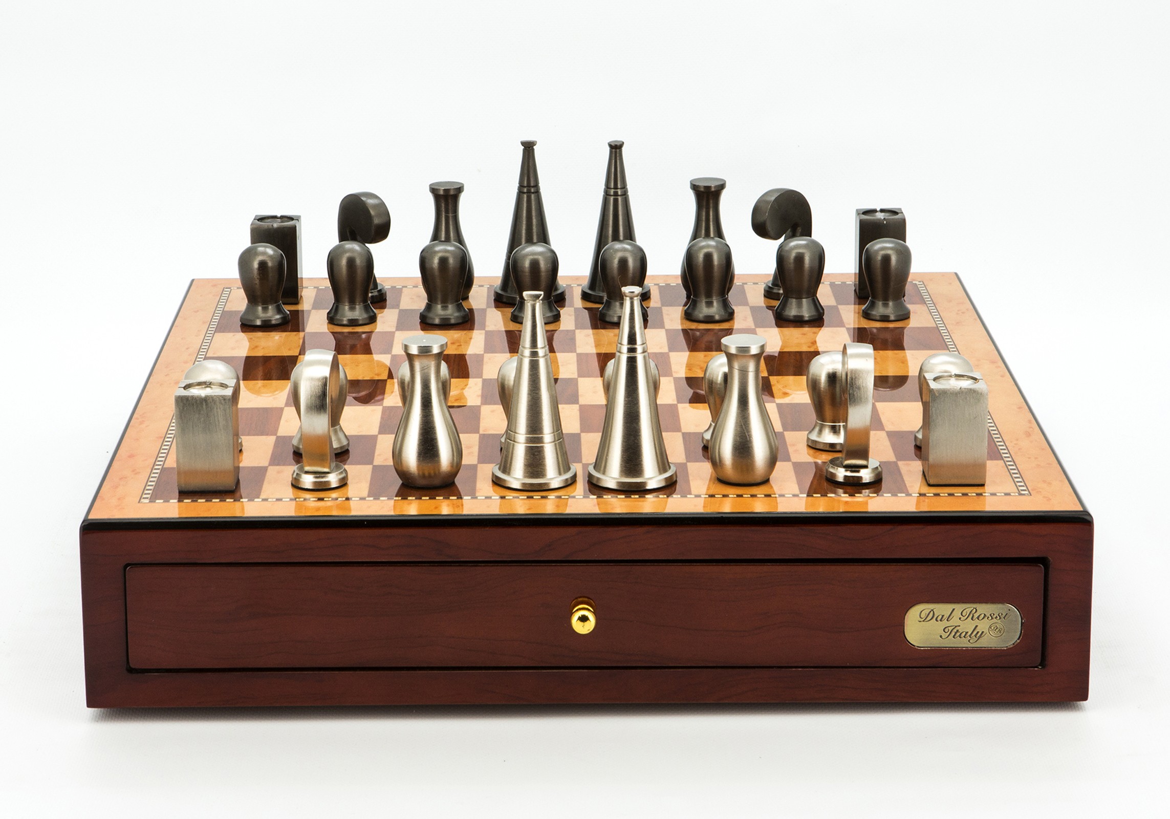 Dal Rossi Italy Chess Set Mahogany Finish 18", With Metal Dark Titanium and Silver 90mm Chessmen