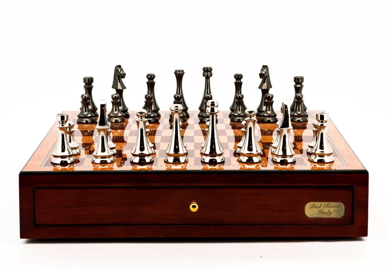 Dal Rossi Italy Chess Set Mahogany Finish 18" With two Drawers, With Metal Dark Titanium and Silver chessmen 85mm