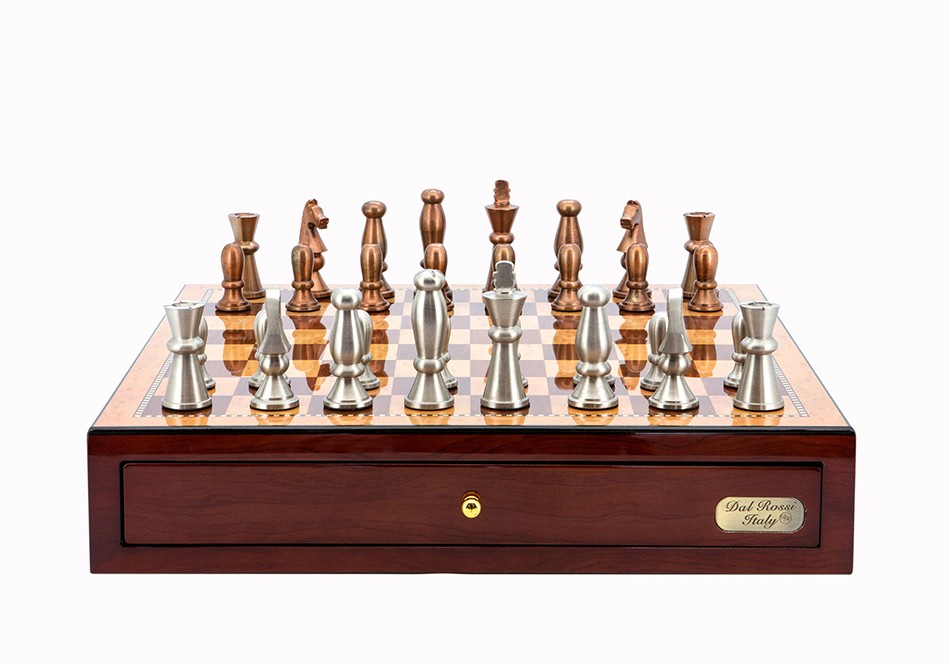 Dal Rossi Italy Chess Set Mahogany Finish 18" With two Drawers, With Copper & Silver Weighted Metal 85mm Chess Pieces
