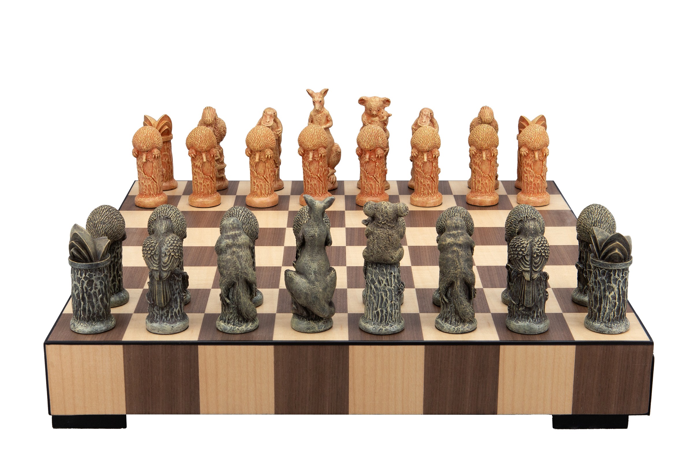 Dal Rossi Hand Paint - Australiana Chessmen on a Chess Set with Drawer 14"