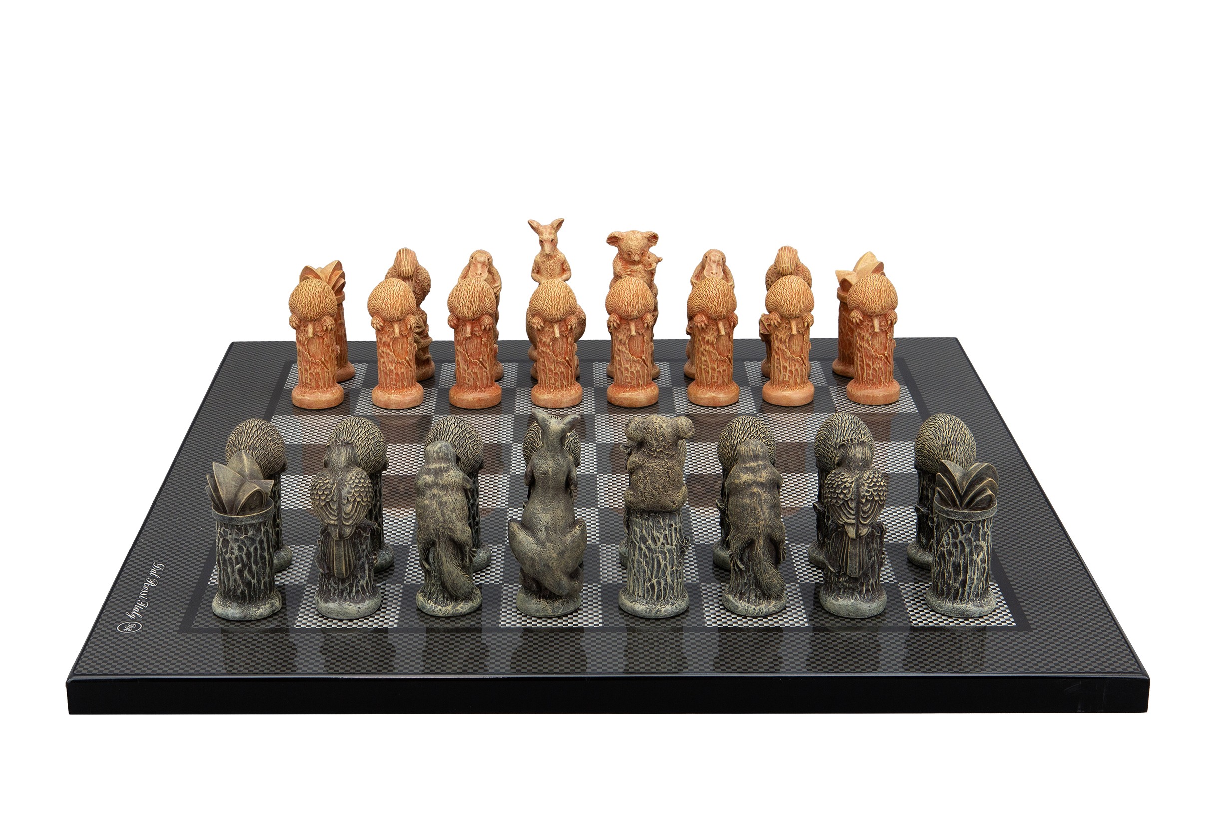 Dal Rossi Hand Paint - Australiana Chessmen on a Carbon Fibre Finish, 40cm Chess Board