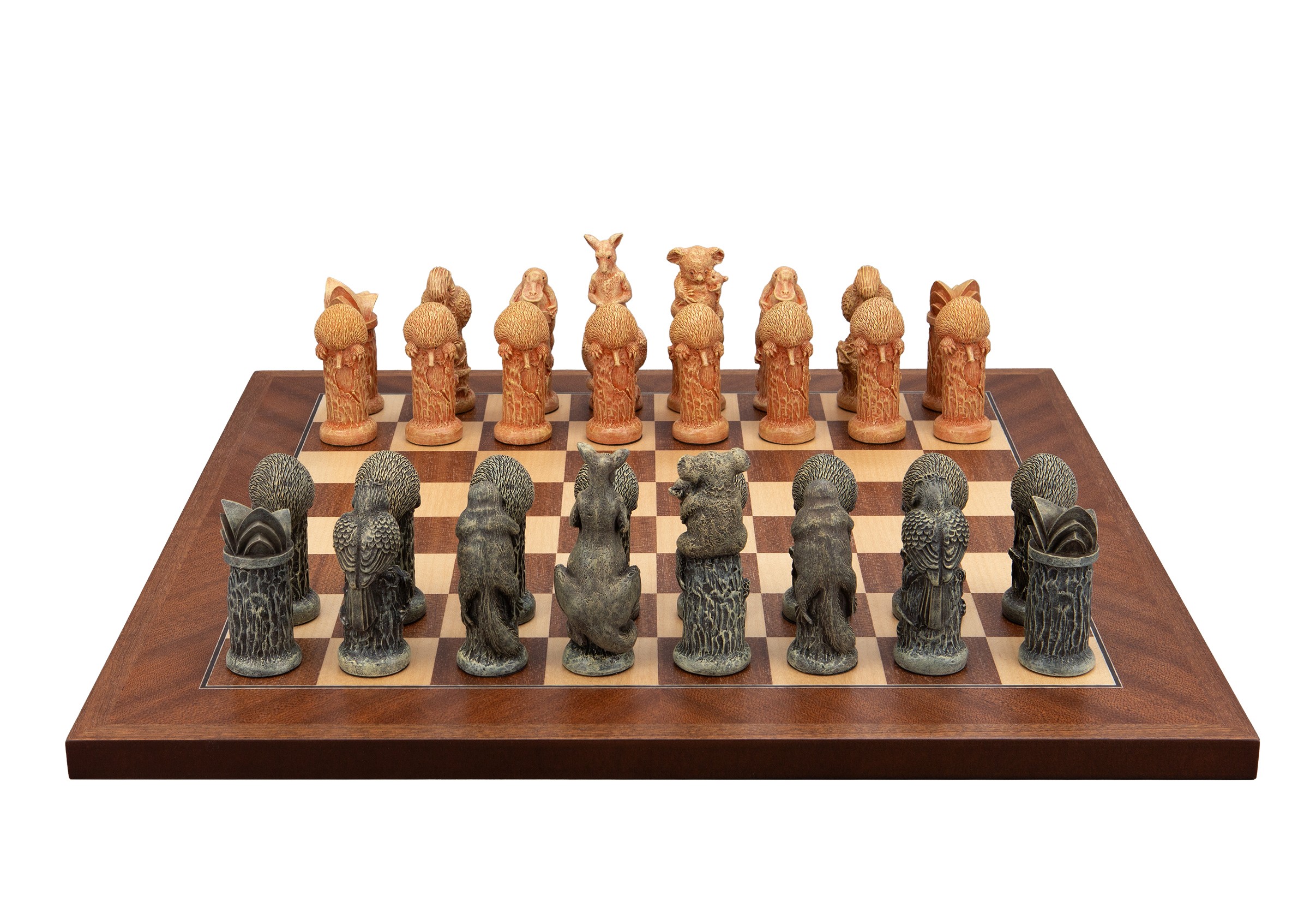 Dal Rossi Hand Paint - Australiana Chessmen on a Mahogany / Maple, 40cm Chess Board