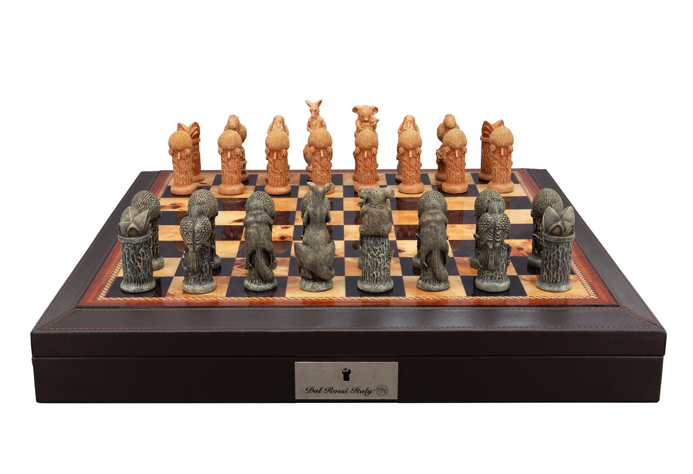 Dal Rossi Hand Paint - Australiana Chessmen on a Brown PU Leather Bevelled Edge chess box with compartments 18"