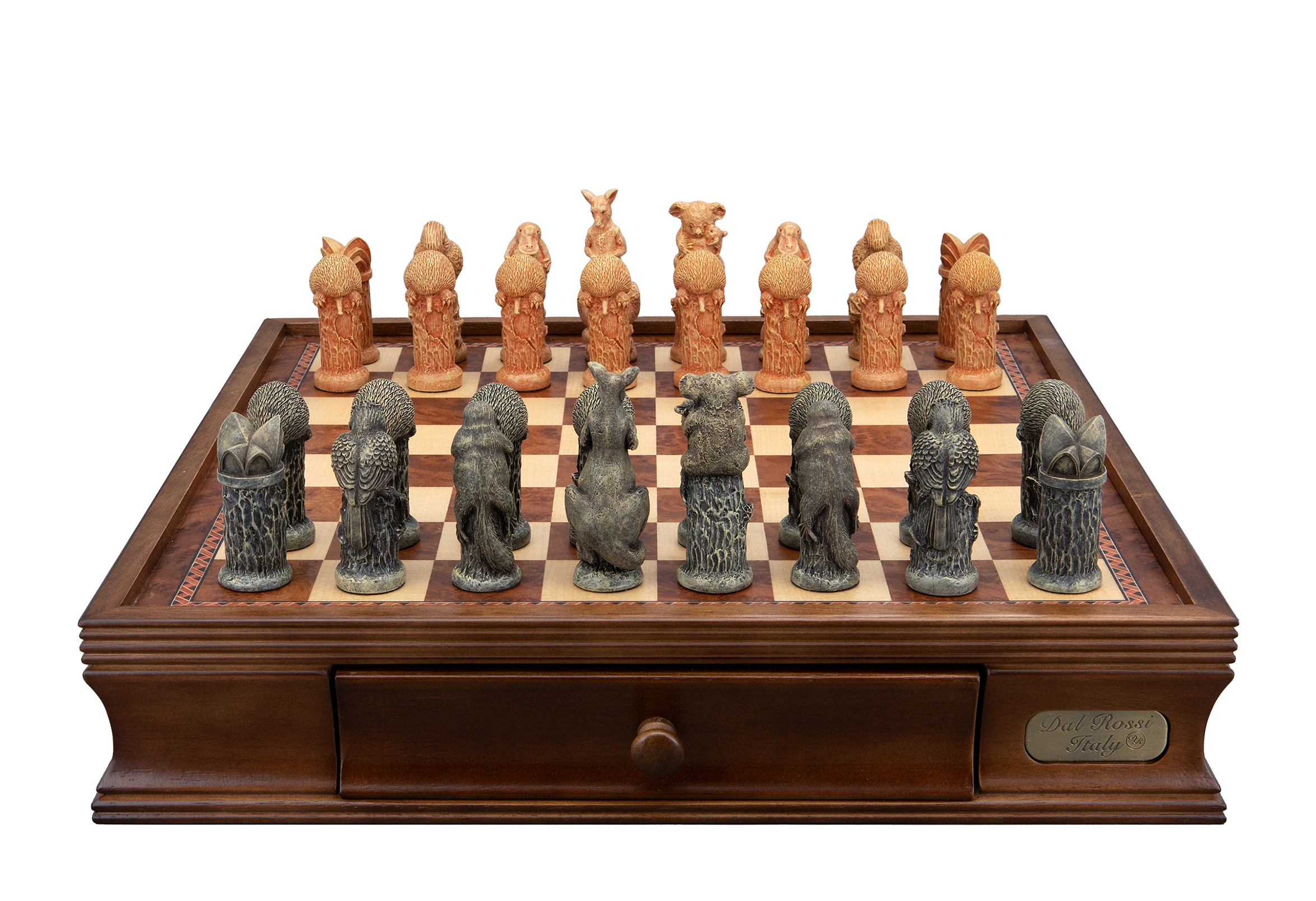Dal Rossi Hand Paint - Australiana Chessmen on a Walnut Inlaid Chess Box with Drawers 16"